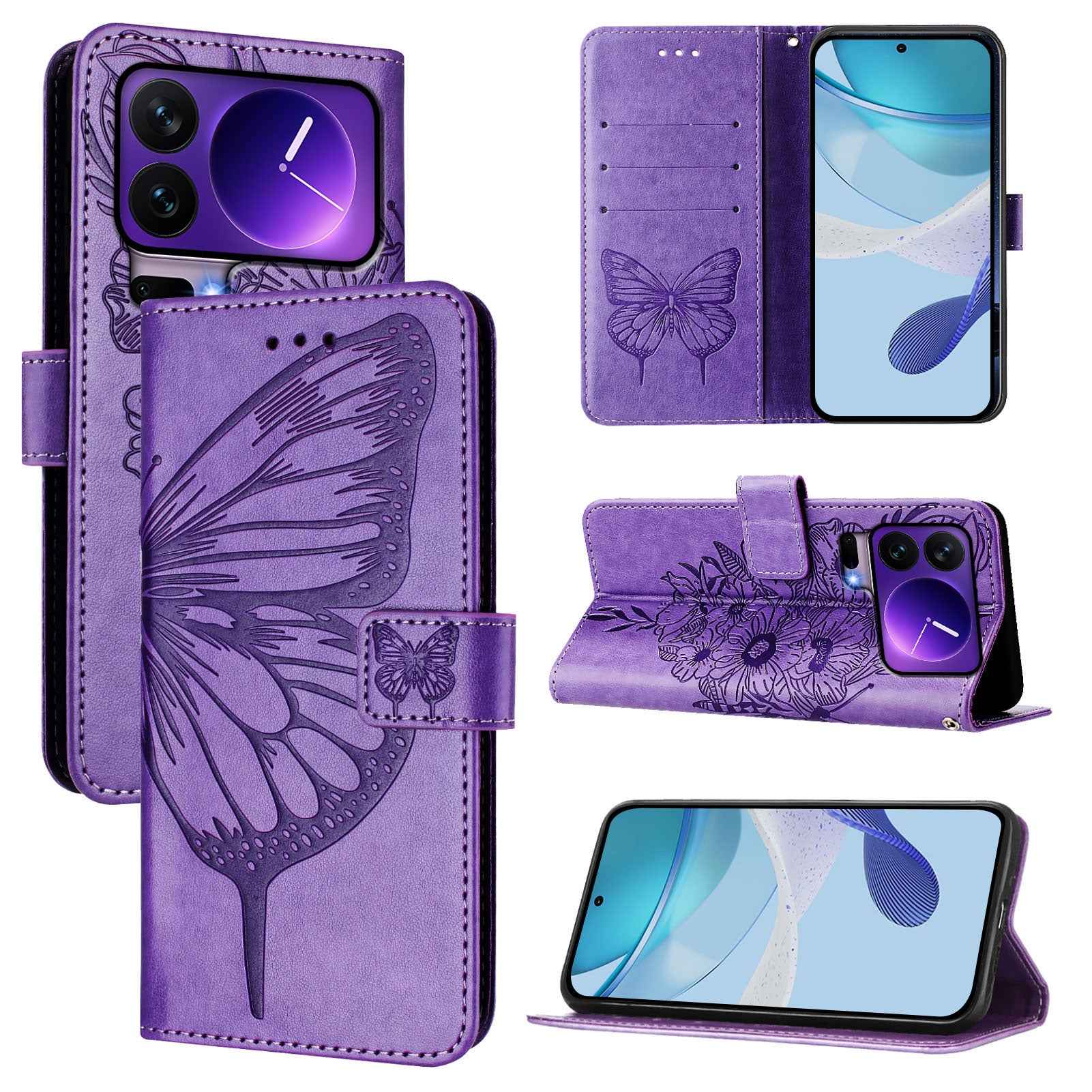 For Xiaomi 17 Pro Wallet Case with Wrist Strap Butterfly Imprint Leather Phone Cover - Purple