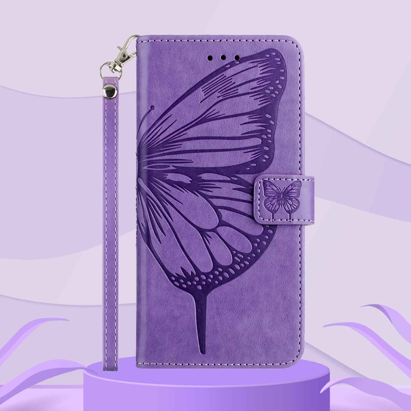 For Xiaomi 17 Pro Wallet Case with Wrist Strap Butterfly Imprint Leather Phone Cover - Purple