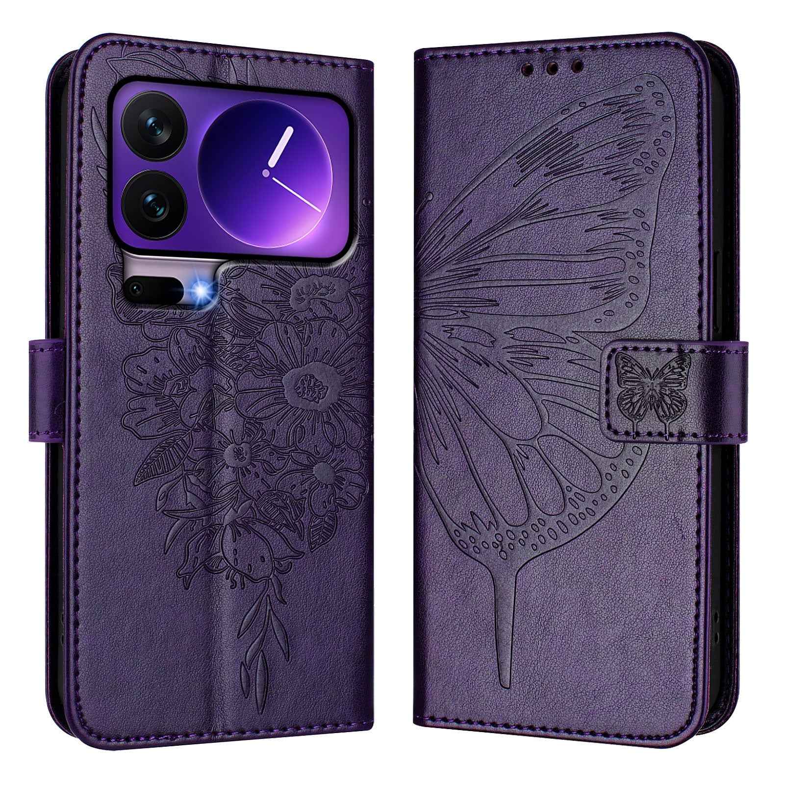 For Xiaomi 17 Pro Wallet Case with Wrist Strap Butterfly Imprint Leather Phone Cover - Dark Purple