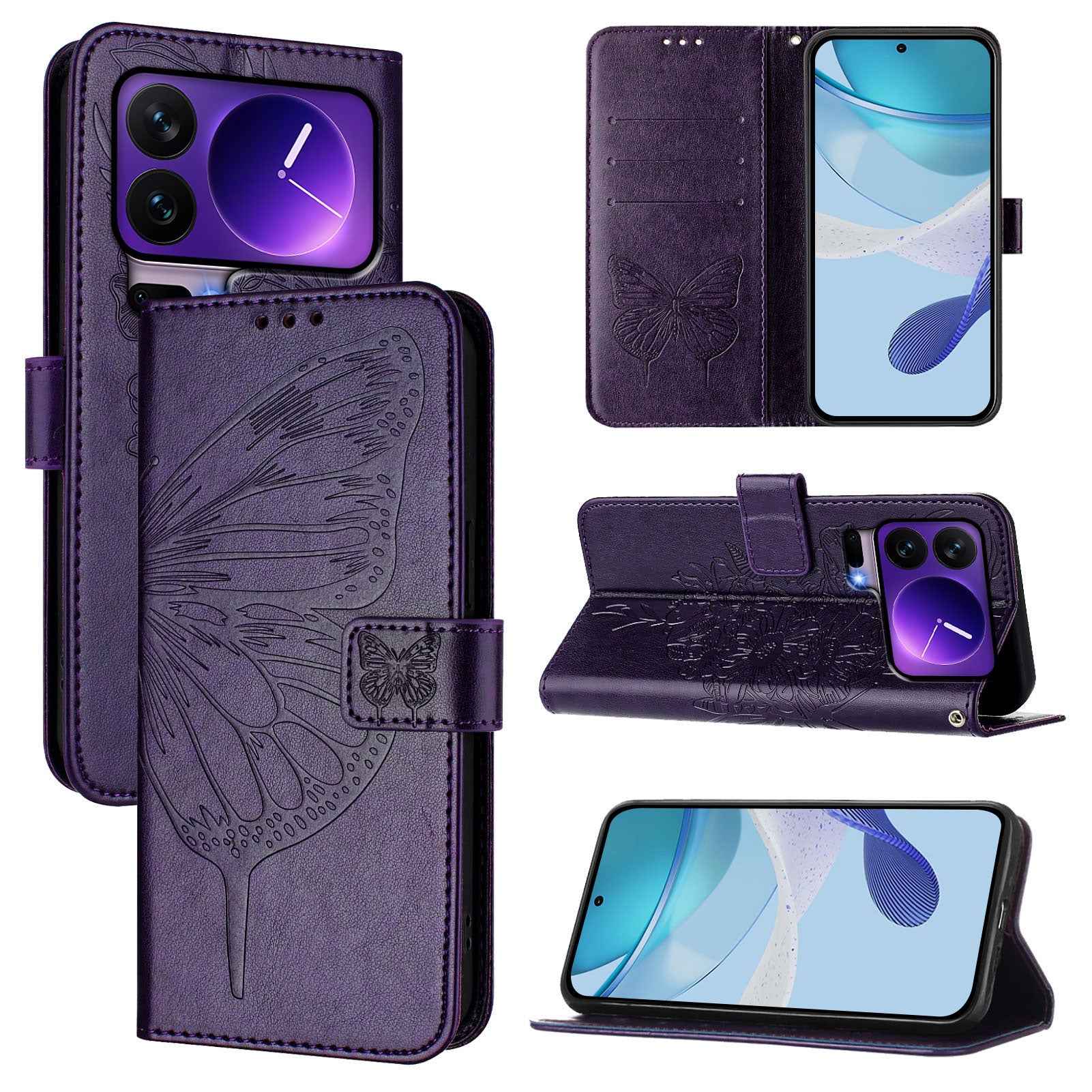 For Xiaomi 17 Pro Wallet Case with Wrist Strap Butterfly Imprint Leather Phone Cover - Dark Purple