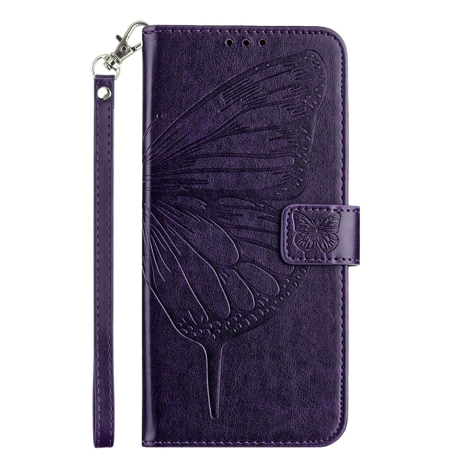 For Xiaomi 17 Pro Wallet Case with Wrist Strap Butterfly Imprint Leather Phone Cover - Dark Purple
