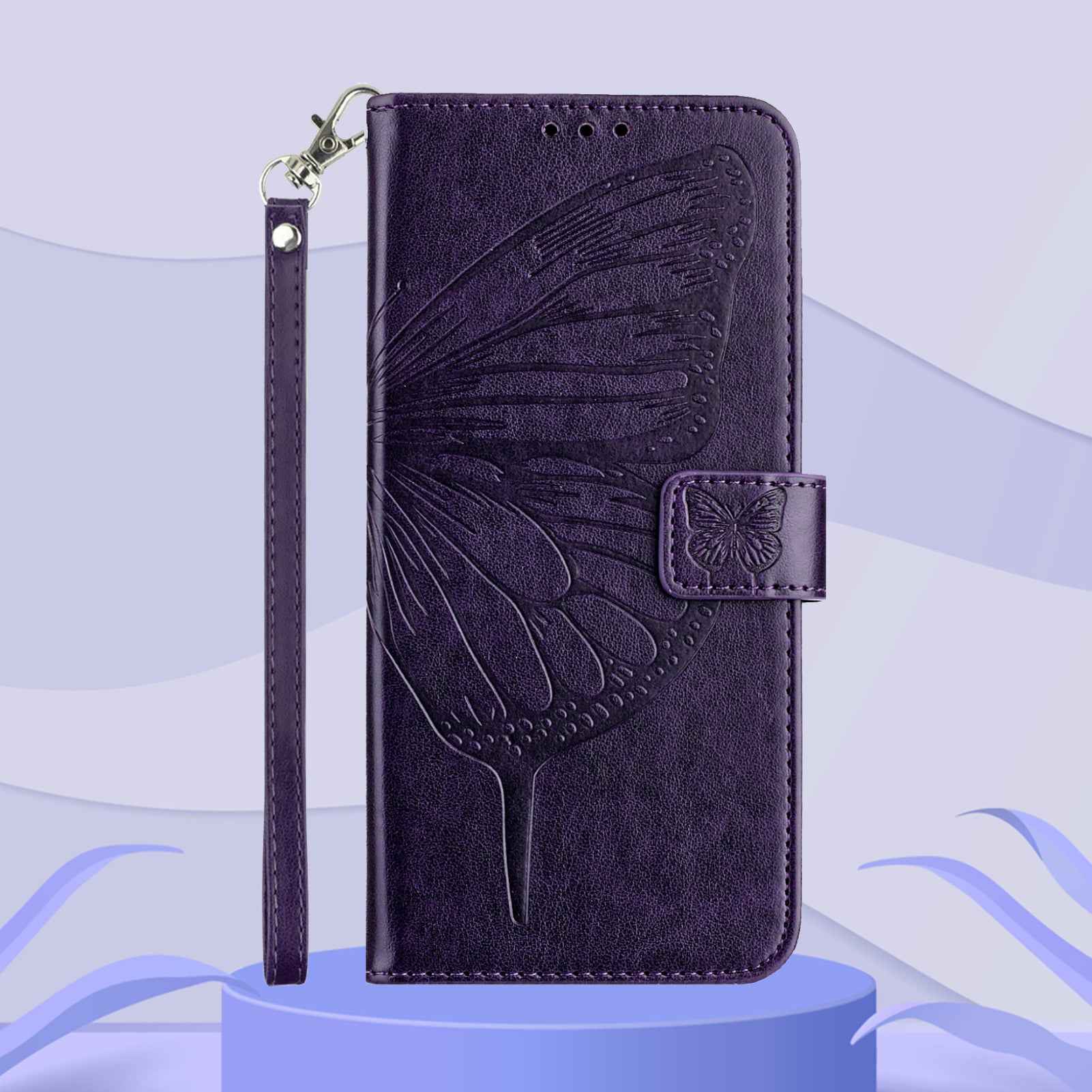 For Xiaomi 17 Pro Wallet Case with Wrist Strap Butterfly Imprint Leather Phone Cover - Dark Purple