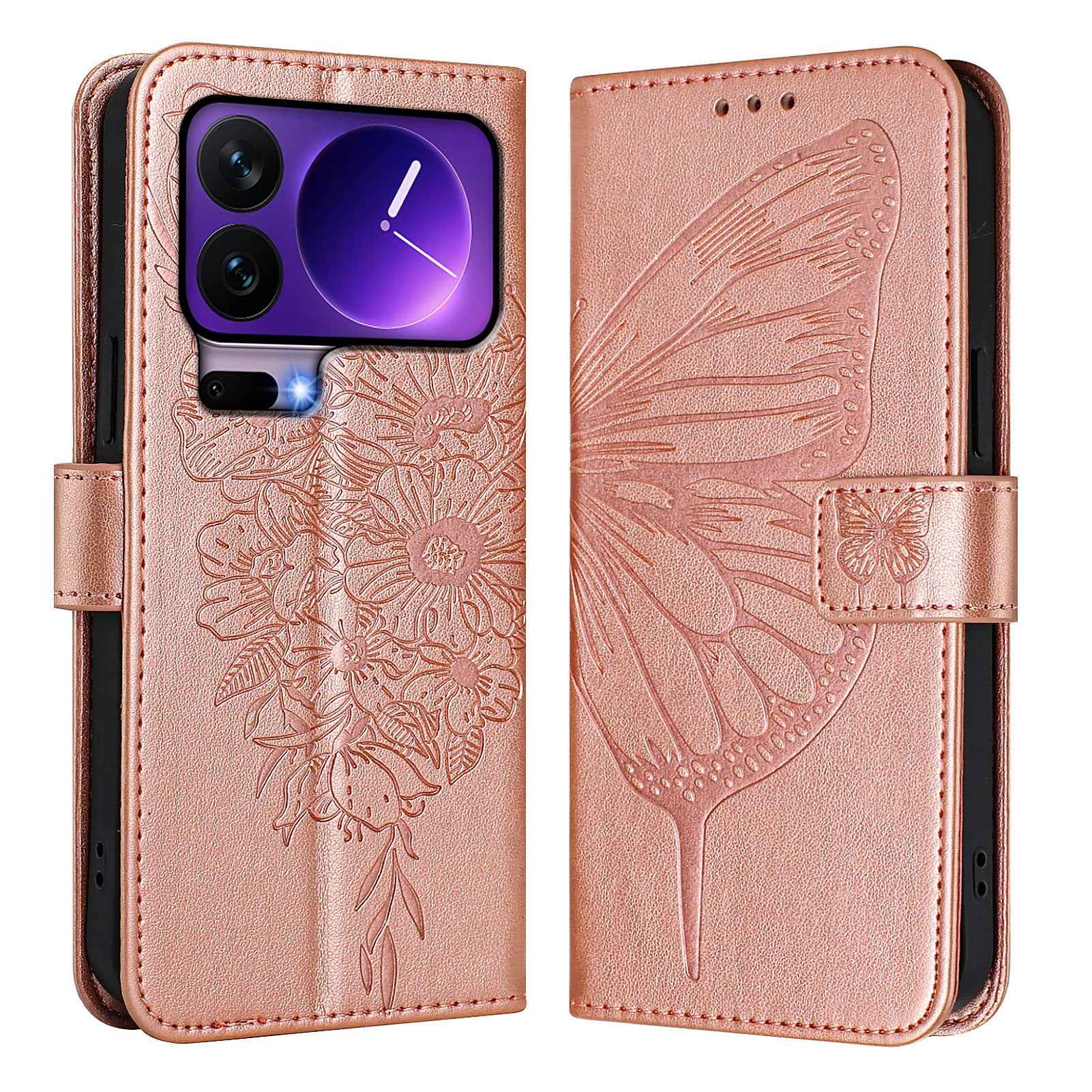 For Xiaomi 17 Pro Wallet Case with Wrist Strap Butterfly Imprint Leather Phone Cover - Rose Gold