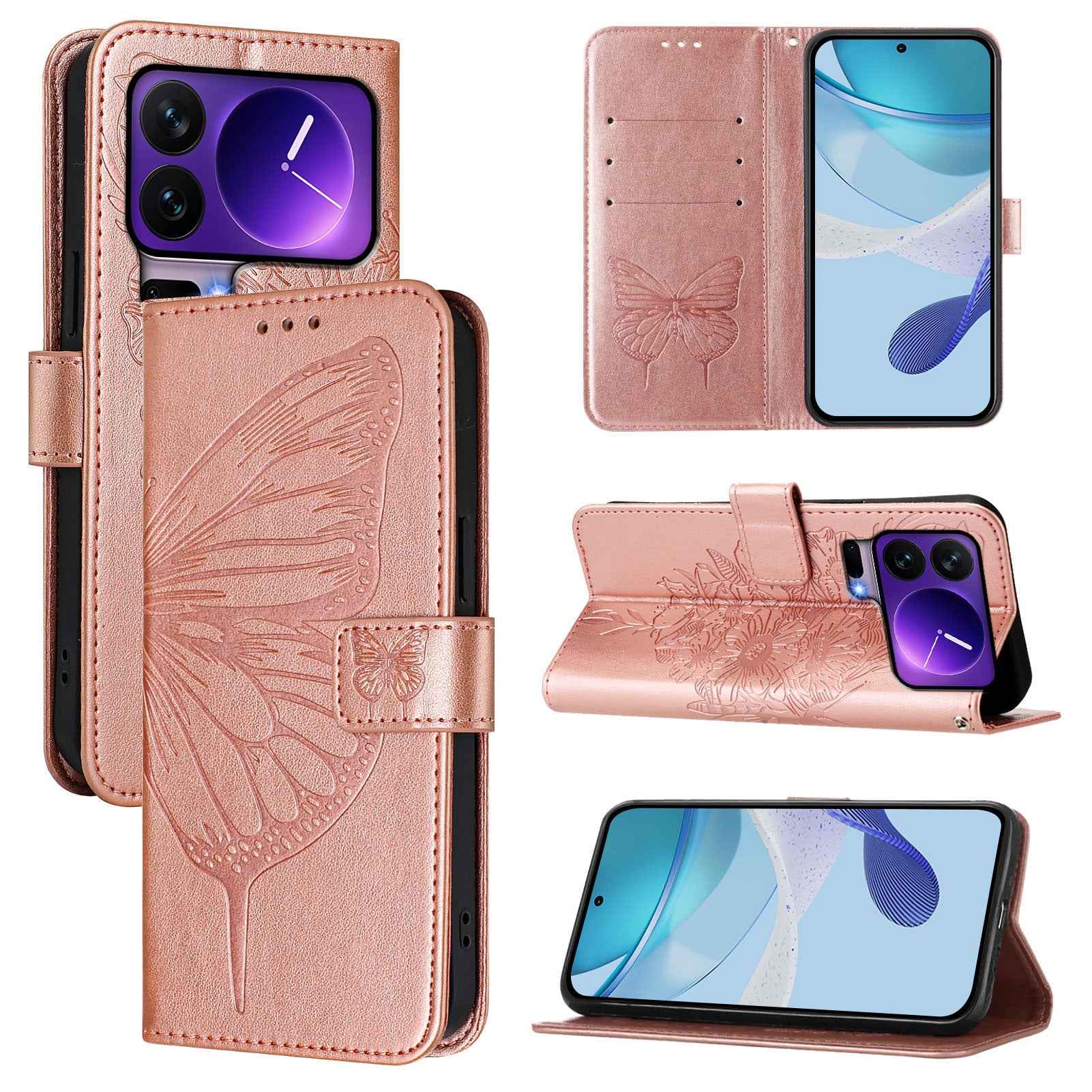 For Xiaomi 17 Pro Wallet Case with Wrist Strap Butterfly Imprint Leather Phone Cover - Rose Gold
