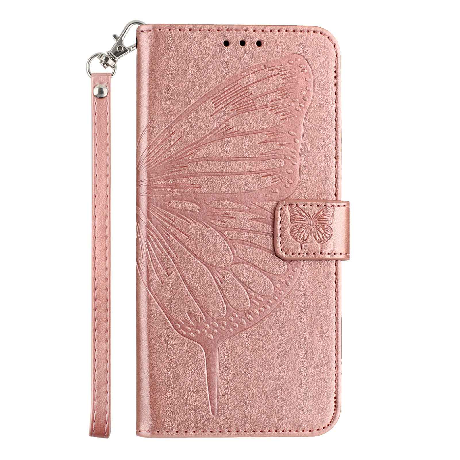 For Xiaomi 17 Pro Wallet Case with Wrist Strap Butterfly Imprint Leather Phone Cover - Rose Gold