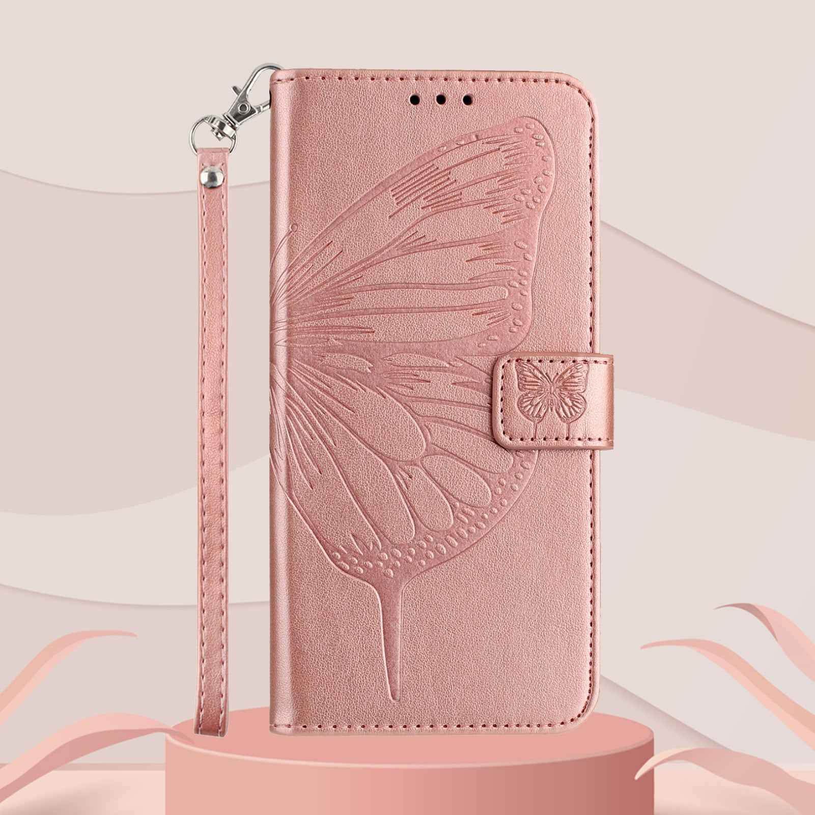 For Xiaomi 17 Pro Wallet Case with Wrist Strap Butterfly Imprint Leather Phone Cover - Rose Gold
