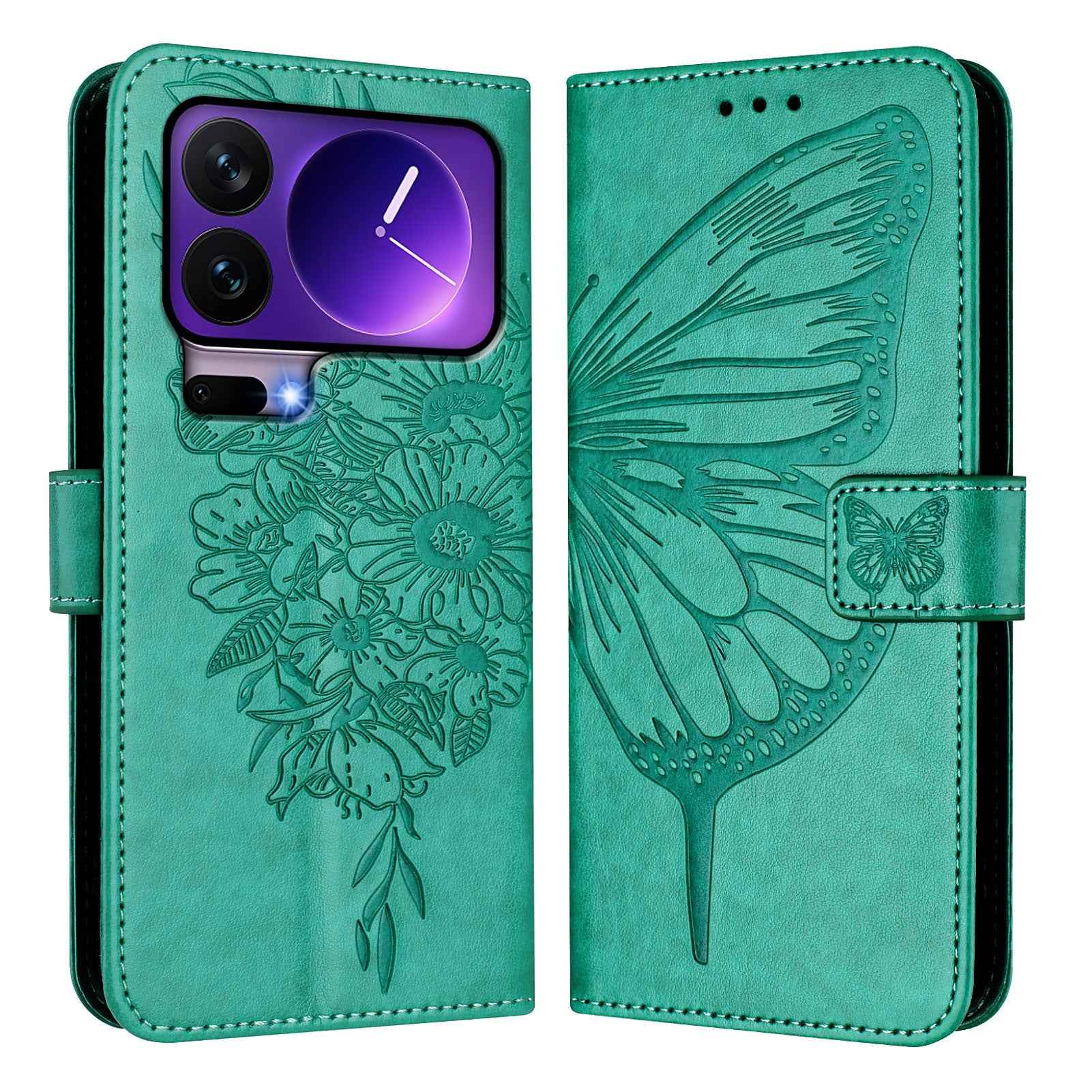 For Xiaomi 17 Pro Wallet Case with Wrist Strap Butterfly Imprint Leather Phone Cover - Green