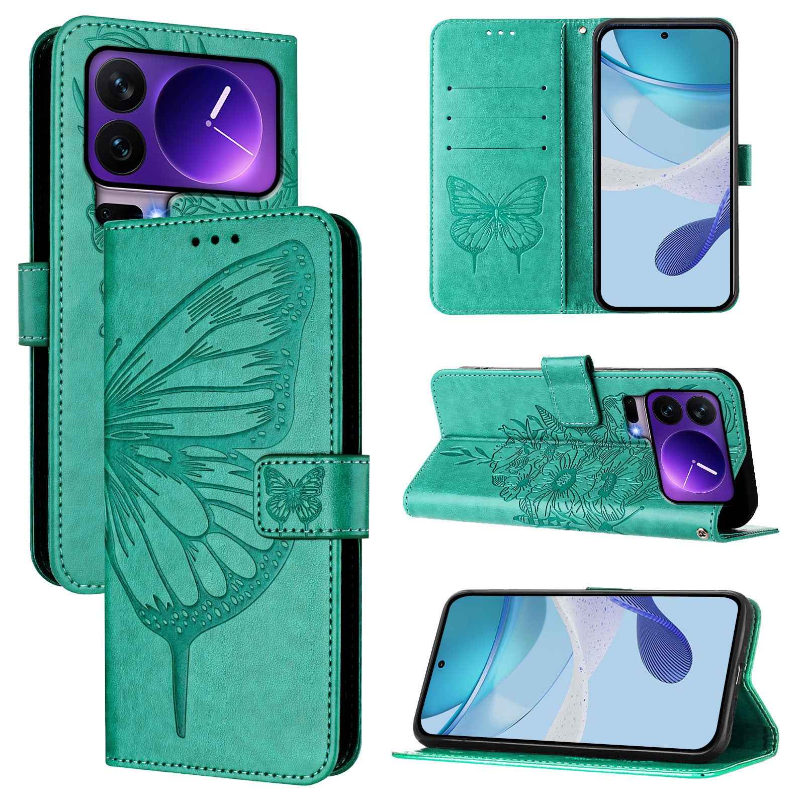 For Xiaomi 17 Pro Wallet Case with Wrist Strap Butterfly Imprint Leather Phone Cover - Green