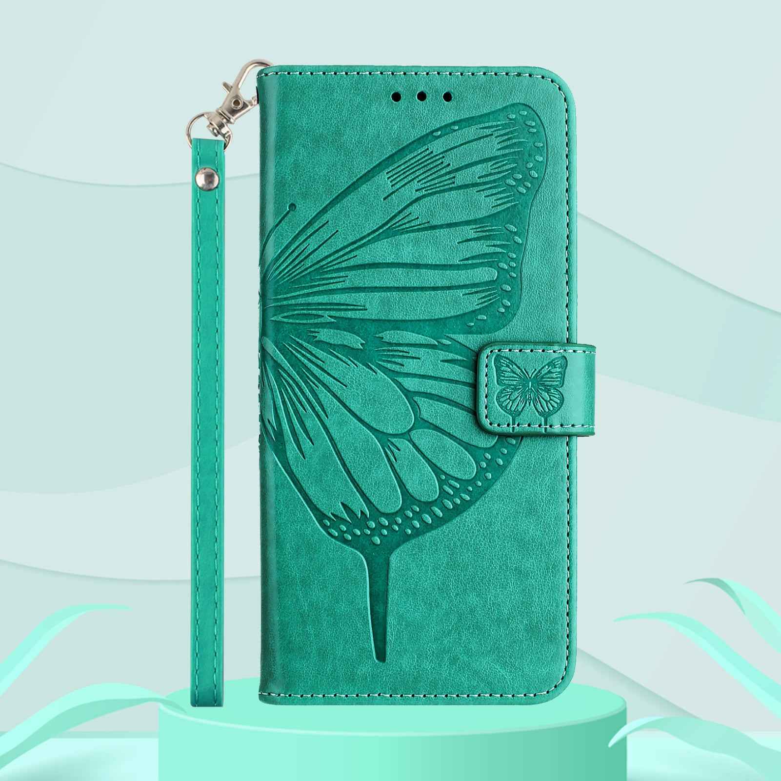 For Xiaomi 17 Pro Wallet Case with Wrist Strap Butterfly Imprint Leather Phone Cover - Green