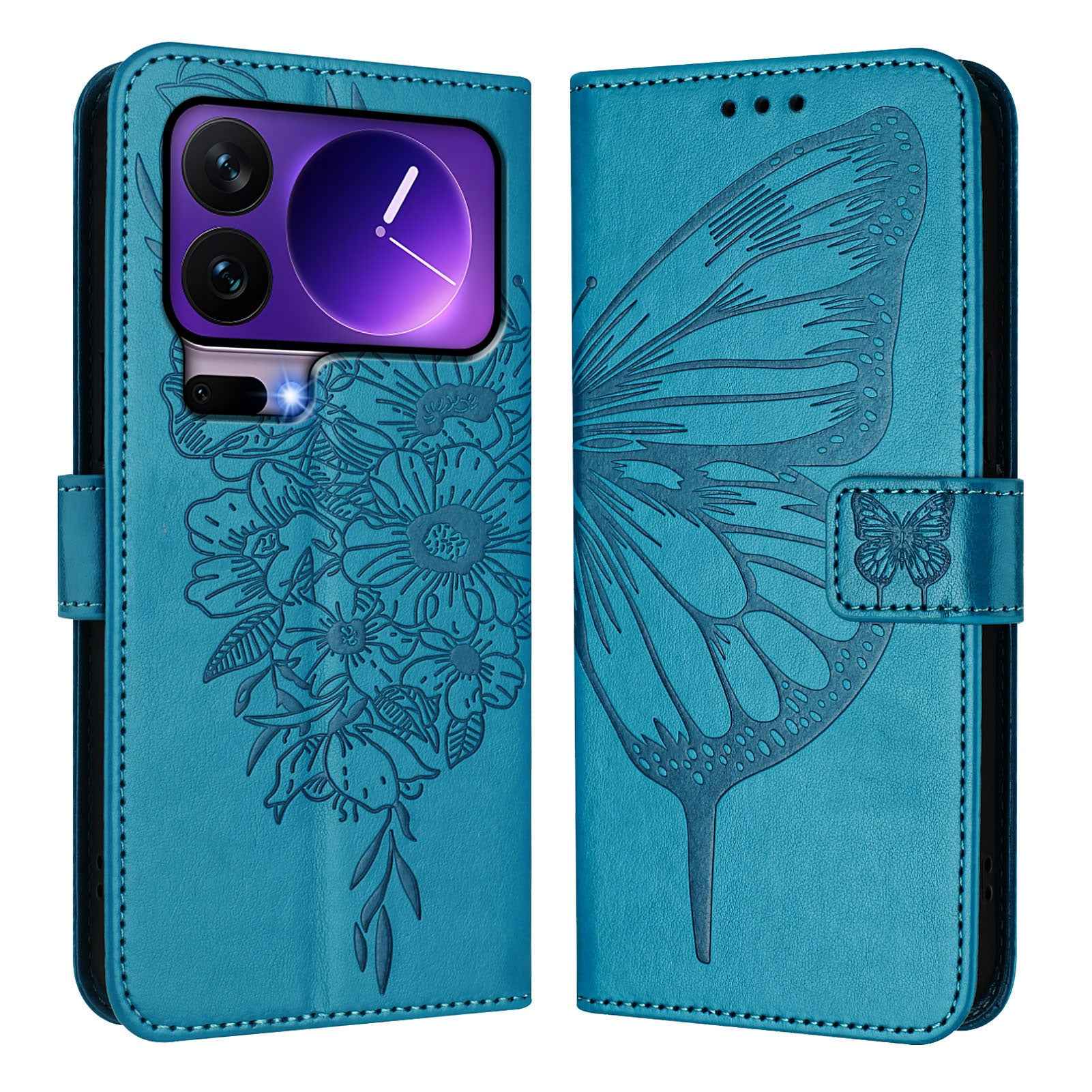 For Xiaomi 17 Pro Wallet Case with Wrist Strap Butterfly Imprint Leather Phone Cover - Blue