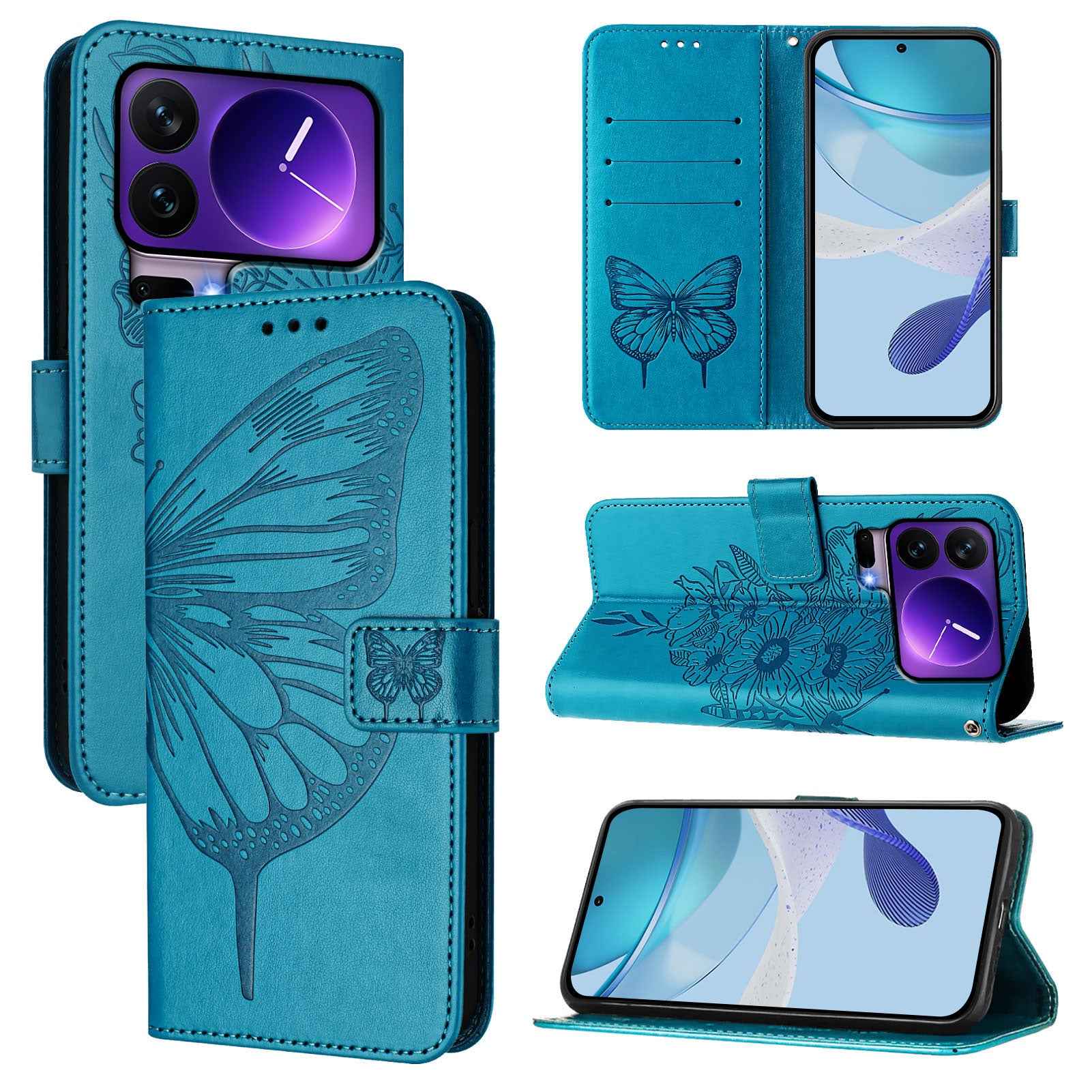 For Xiaomi 17 Pro Wallet Case with Wrist Strap Butterfly Imprint Leather Phone Cover - Blue