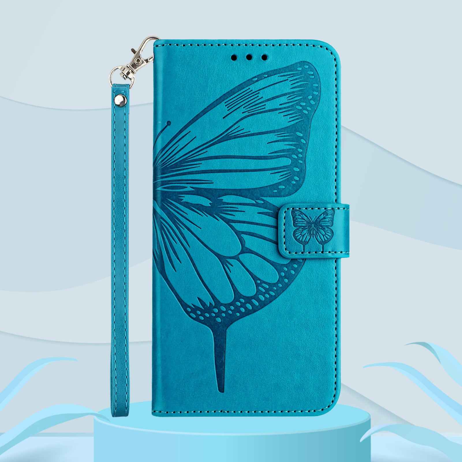 For Xiaomi 17 Pro Wallet Case with Wrist Strap Butterfly Imprint Leather Phone Cover - Blue
