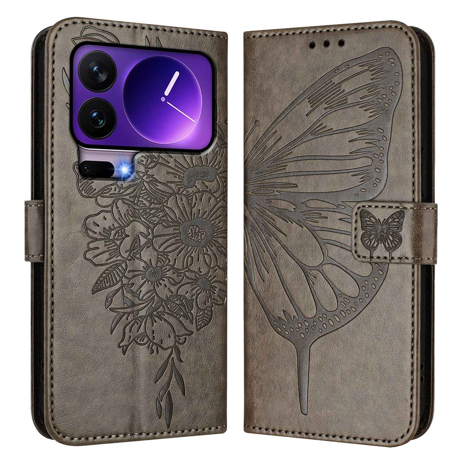 For Xiaomi 17 Pro Wallet Case with Wrist Strap Butterfly Imprint Leather Phone Cover - Grey