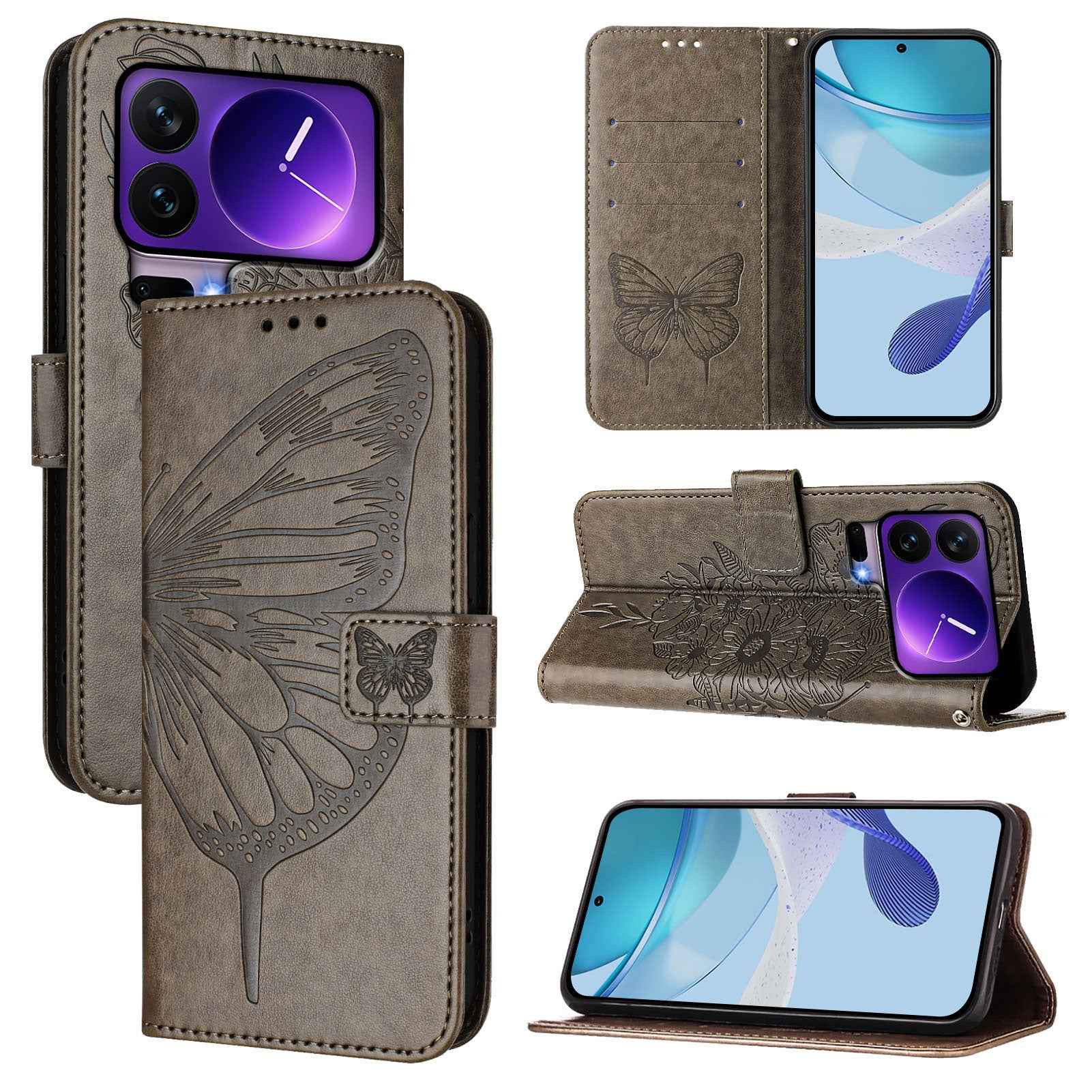 For Xiaomi 17 Pro Wallet Case with Wrist Strap Butterfly Imprint Leather Phone Cover - Grey