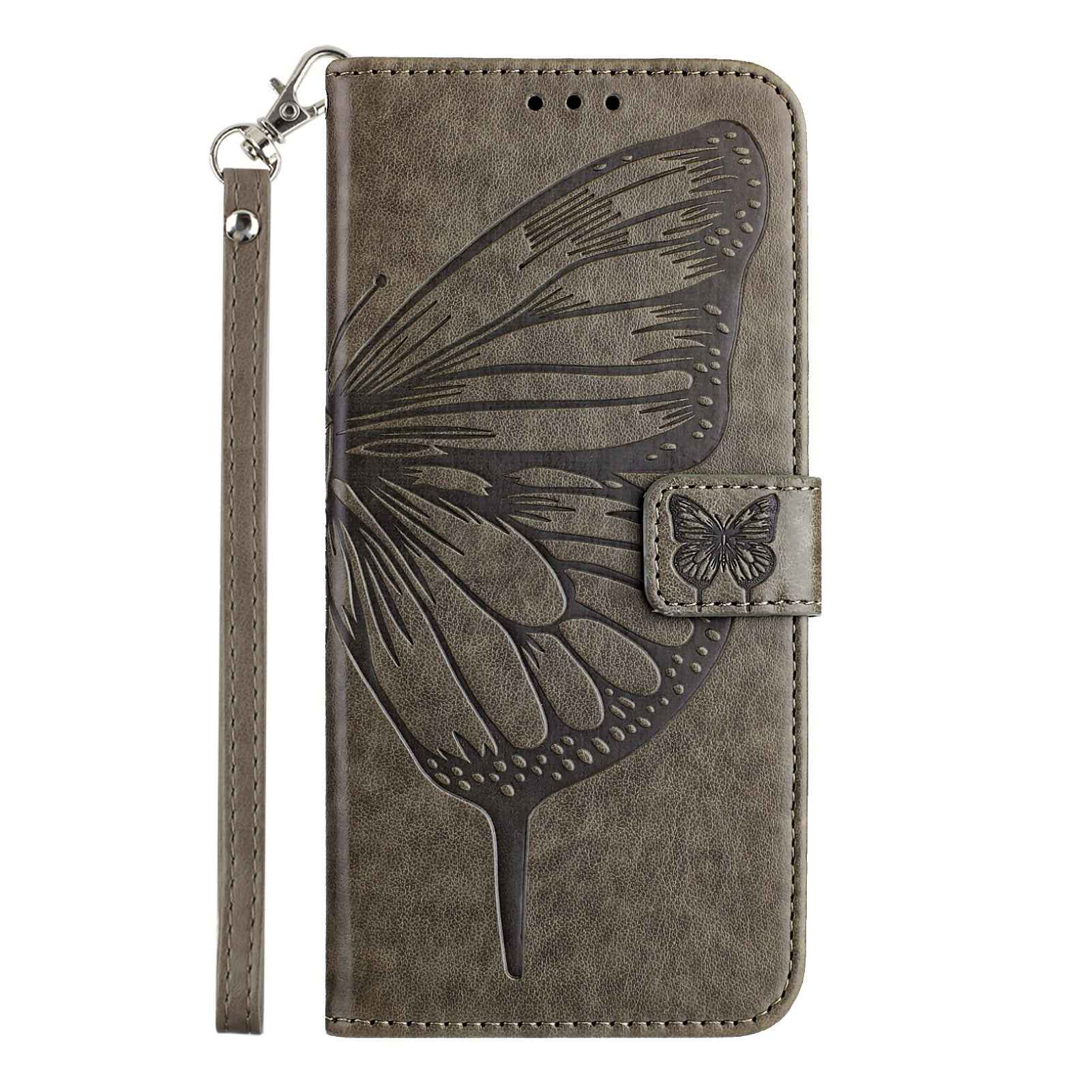 For Xiaomi 17 Pro Wallet Case with Wrist Strap Butterfly Imprint Leather Phone Cover - Grey