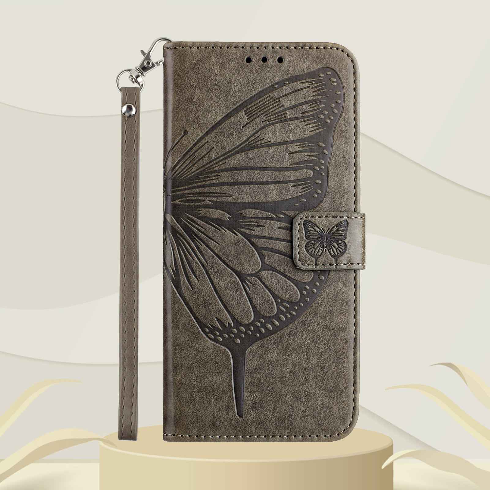 For Xiaomi 17 Pro Wallet Case with Wrist Strap Butterfly Imprint Leather Phone Cover - Grey