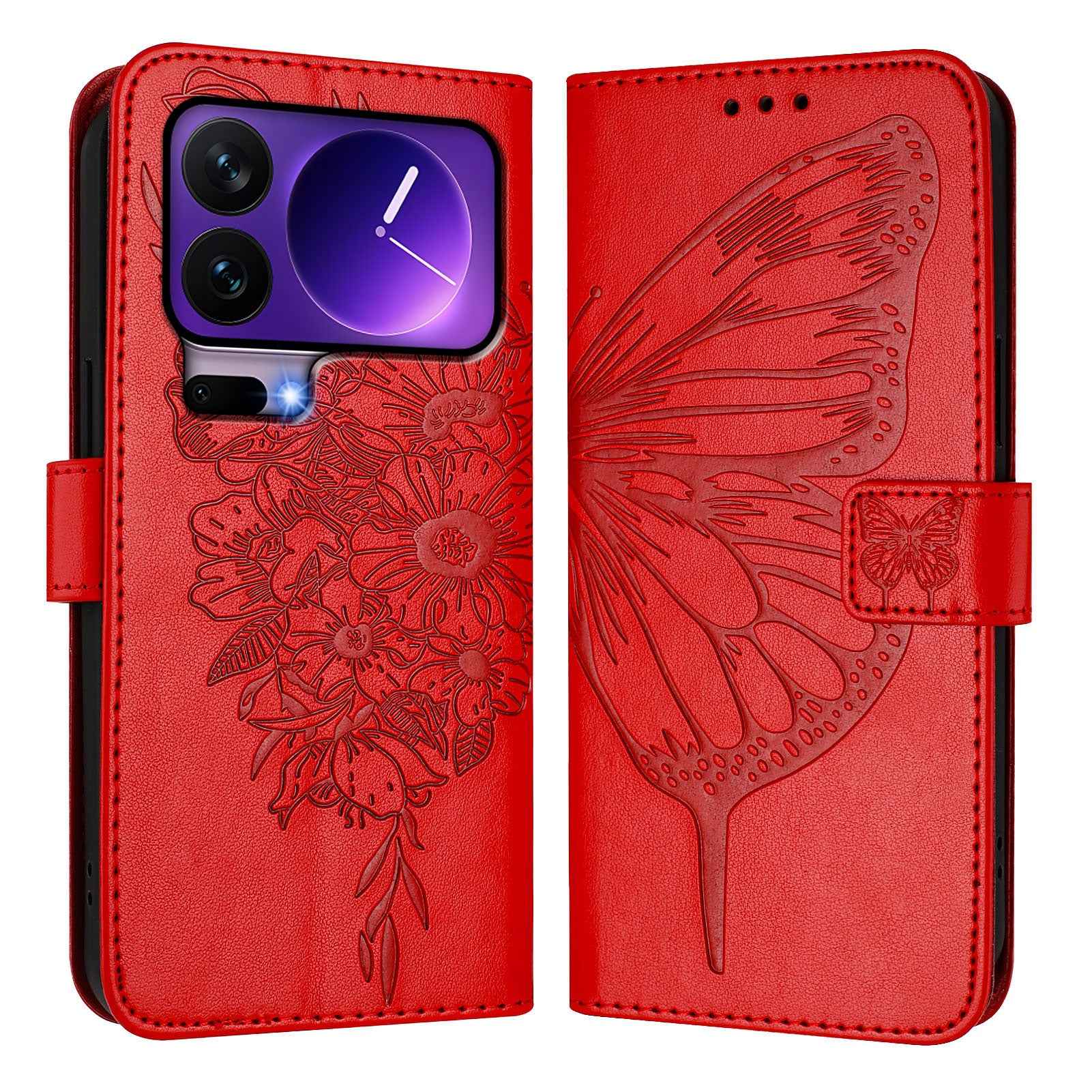 For Xiaomi 17 Pro Wallet Case with Wrist Strap Butterfly Imprint Leather Phone Cover - Red