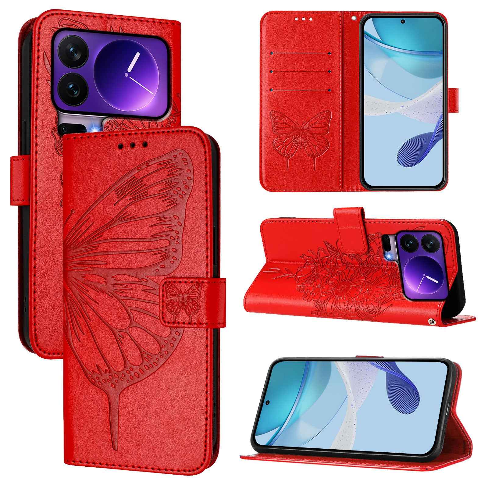 For Xiaomi 17 Pro Wallet Case with Wrist Strap Butterfly Imprint Leather Phone Cover - Red