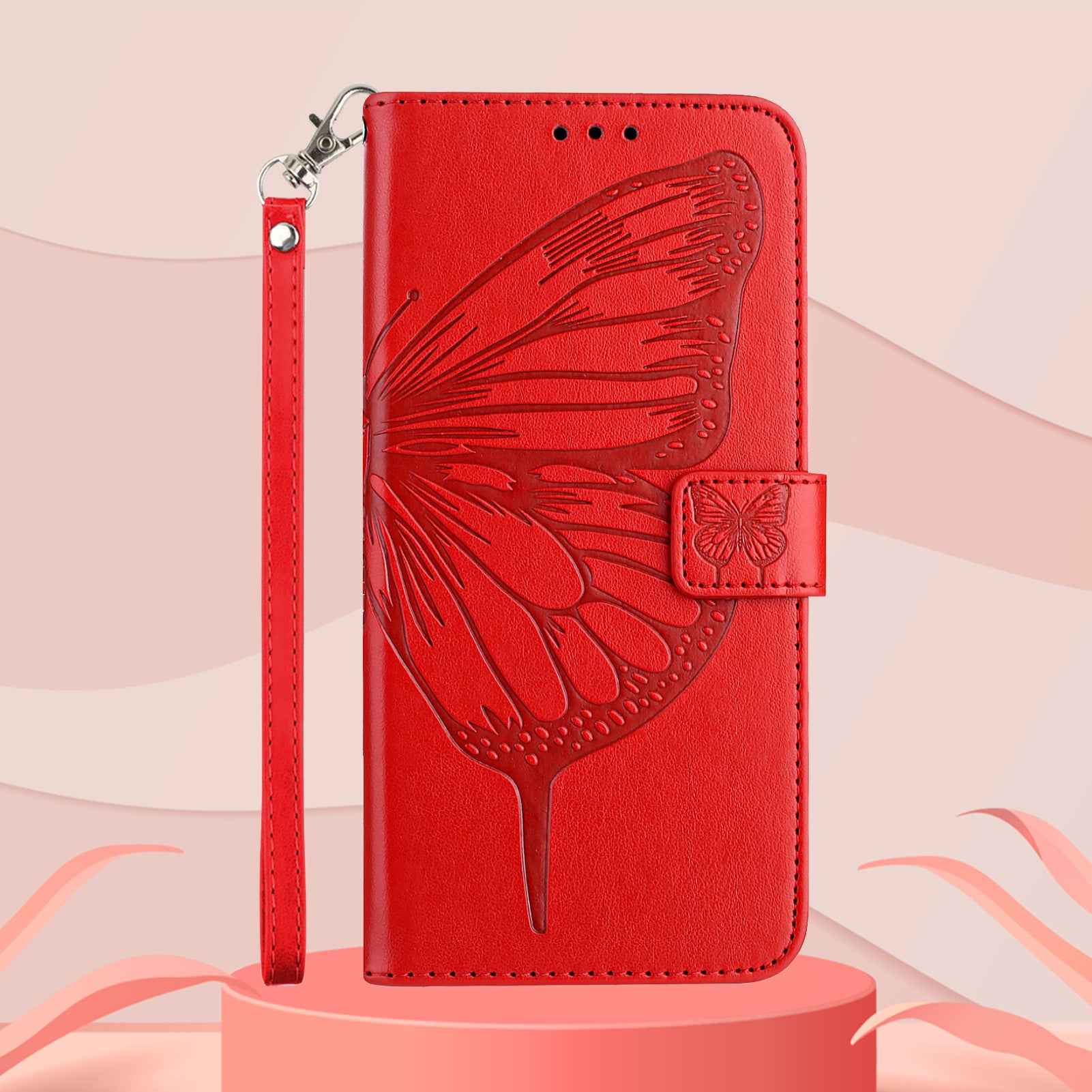 For Xiaomi 17 Pro Wallet Case with Wrist Strap Butterfly Imprint Leather Phone Cover - Red