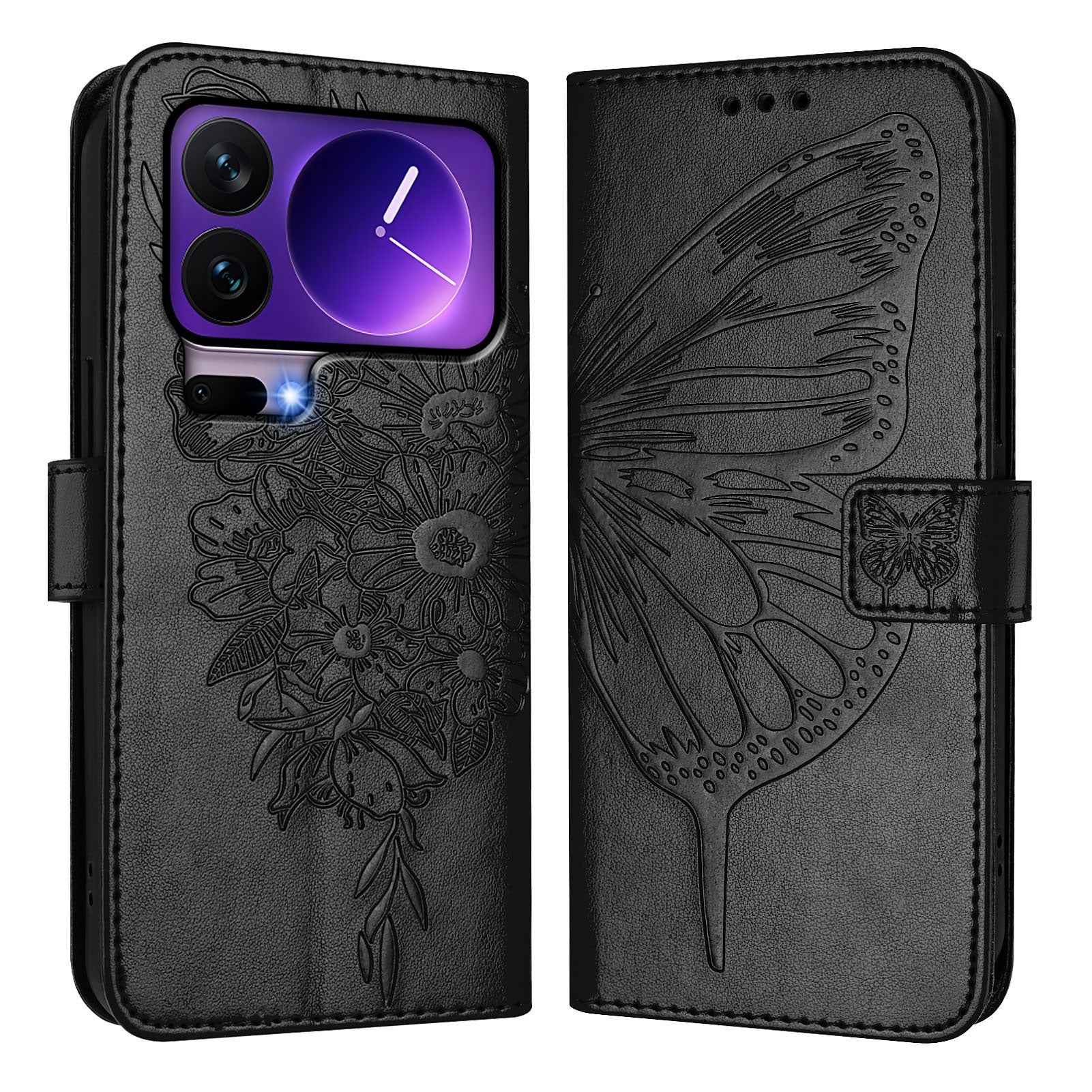 For Xiaomi 17 Pro Wallet Case with Wrist Strap Butterfly Imprint Leather Phone Cover - Black