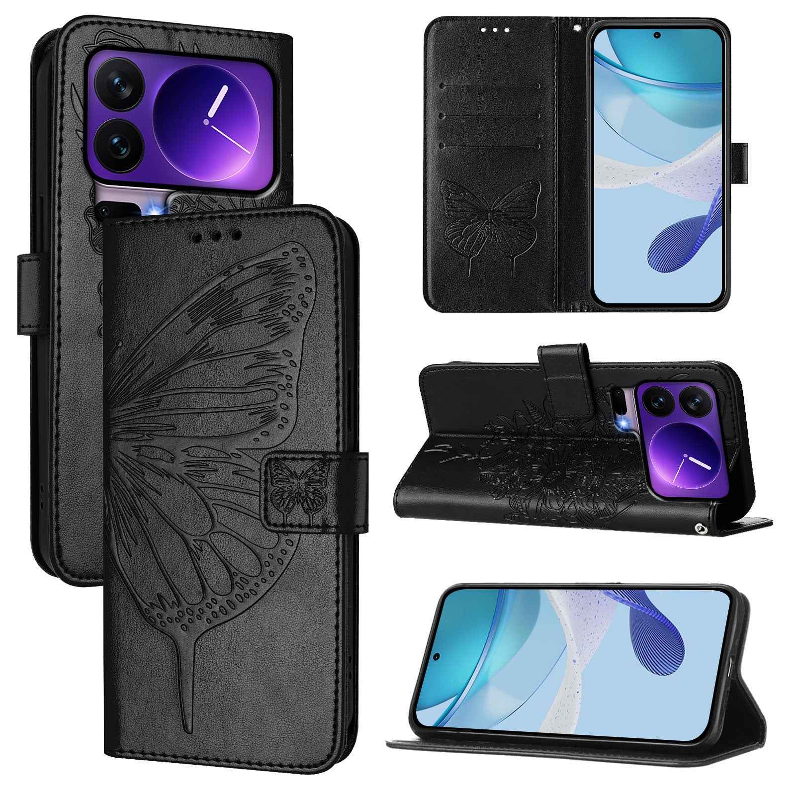 For Xiaomi 17 Pro Wallet Case with Wrist Strap Butterfly Imprint Leather Phone Cover - Black