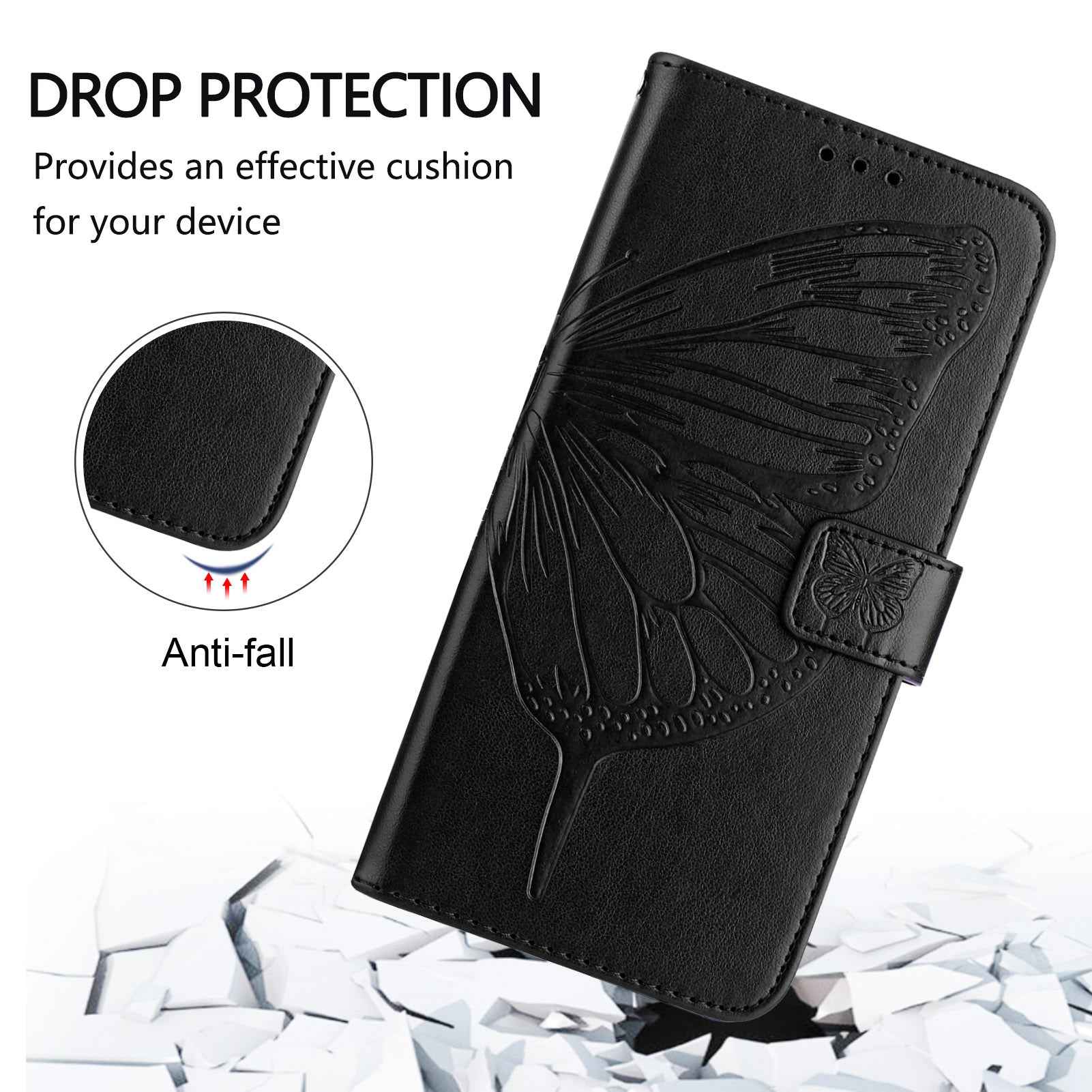 For Xiaomi 17 Pro Wallet Case with Wrist Strap Butterfly Imprint Leather Phone Cover - Black