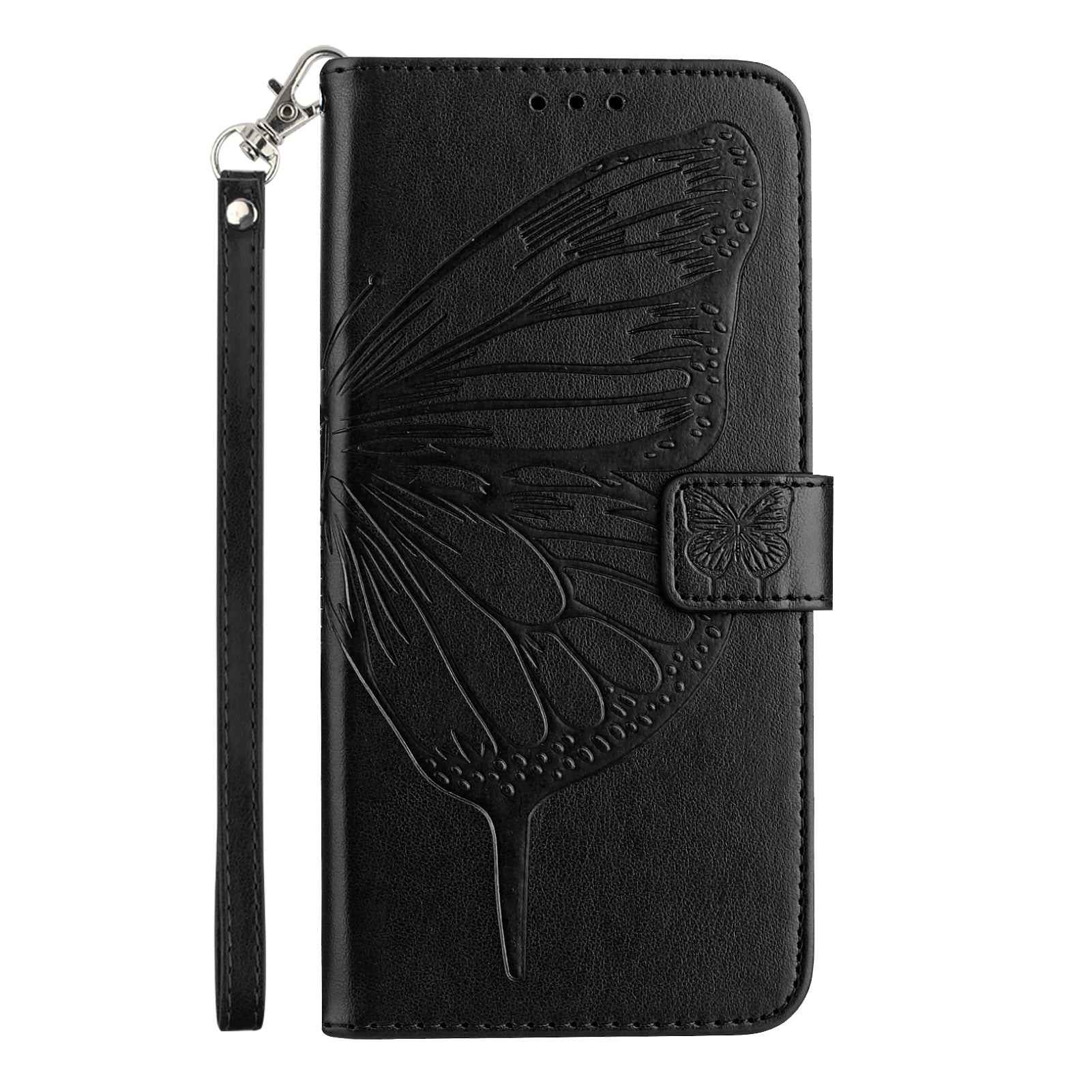 For Xiaomi 17 Pro Wallet Case with Wrist Strap Butterfly Imprint Leather Phone Cover - Black