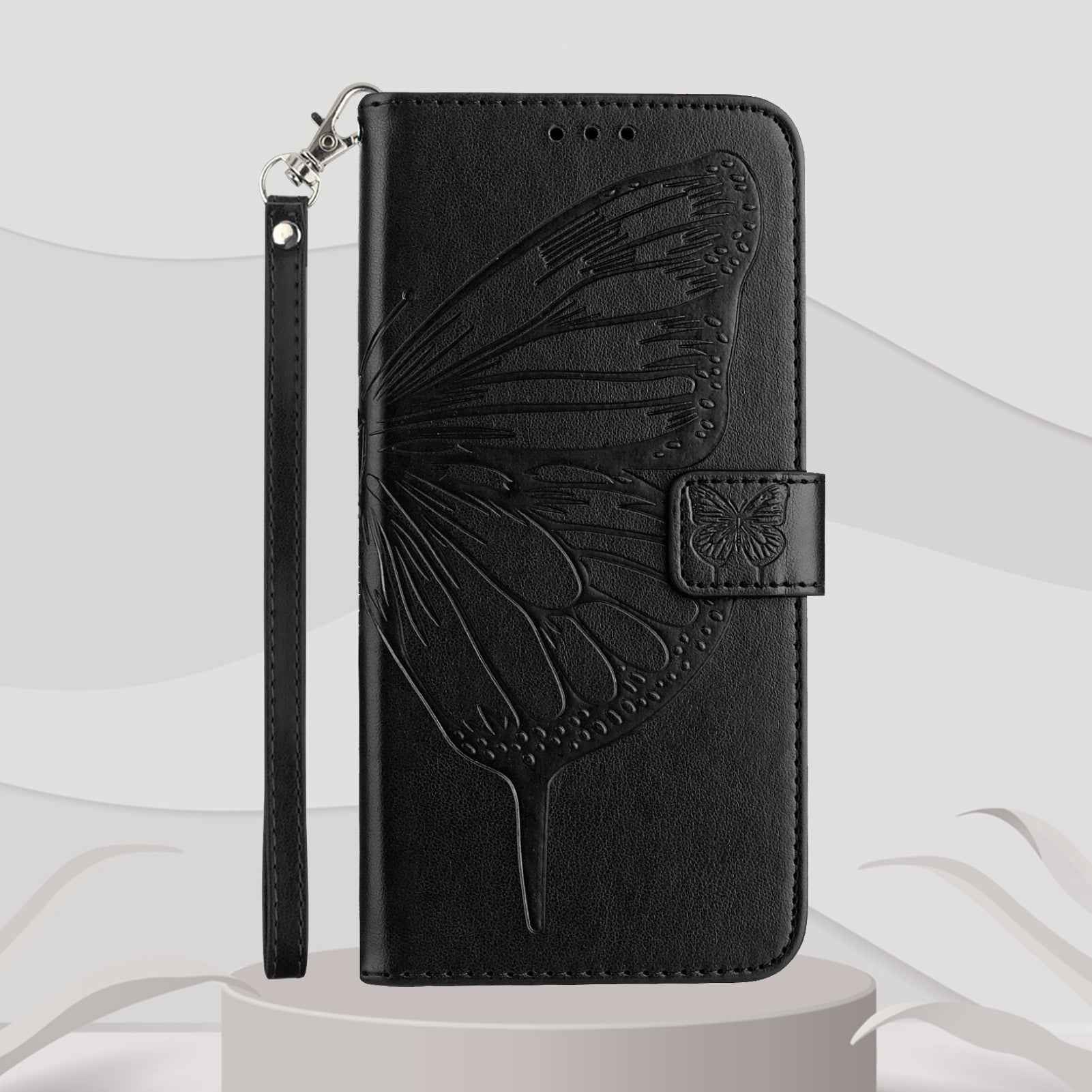 For Xiaomi 17 Pro Wallet Case with Wrist Strap Butterfly Imprint Leather Phone Cover - Black