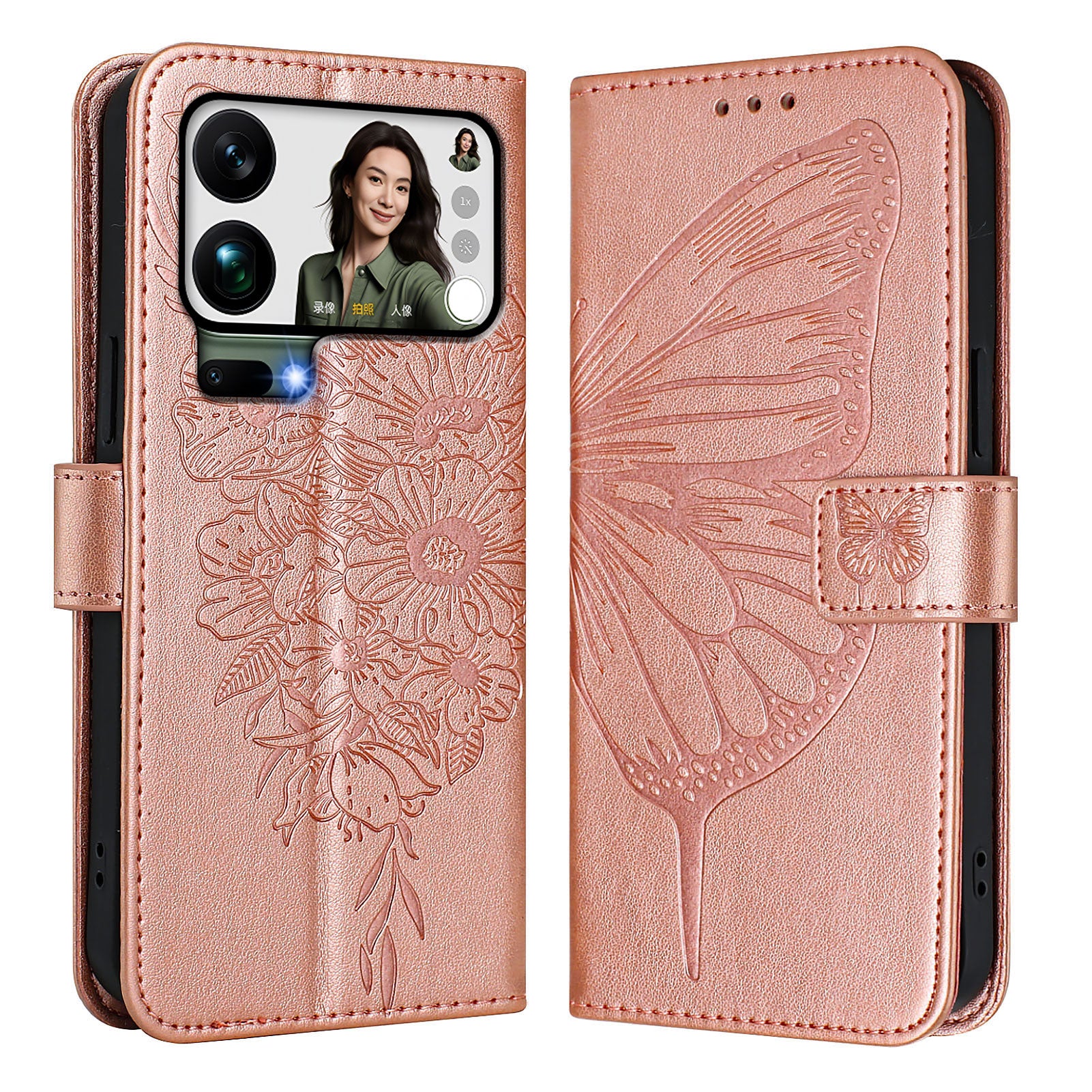 For Xiaomi 17 Pro Max Wallet Case with Wrist Strap Butterfly Imprint Leather Phone Cover - Rose Gold