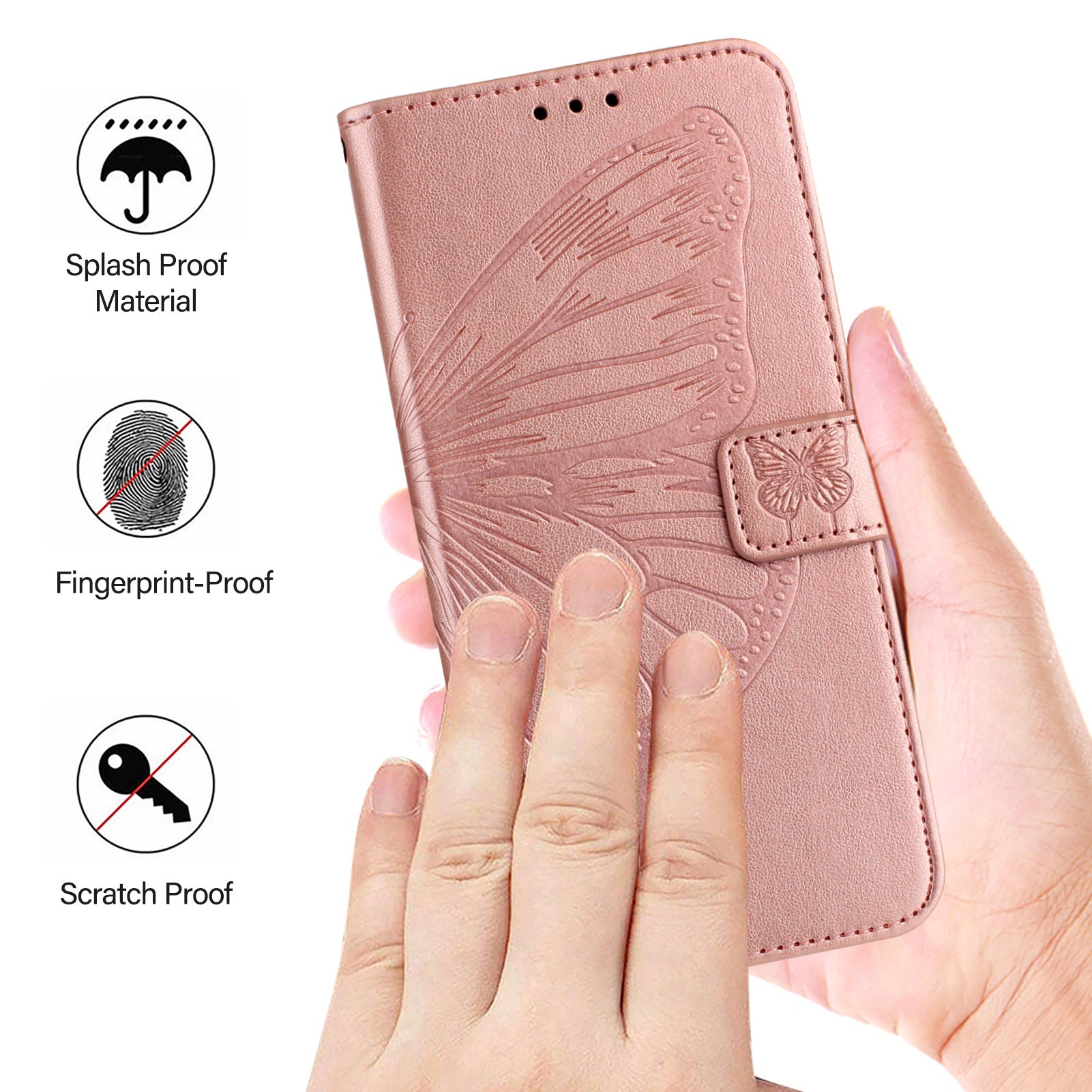 For Xiaomi 17 Pro Max Wallet Case with Wrist Strap Butterfly Imprint Leather Phone Cover - Rose Gold