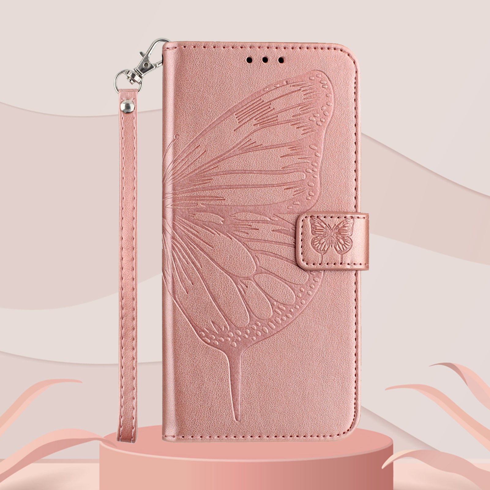 For Xiaomi 17 Pro Max Wallet Case with Wrist Strap Butterfly Imprint Leather Phone Cover - Rose Gold