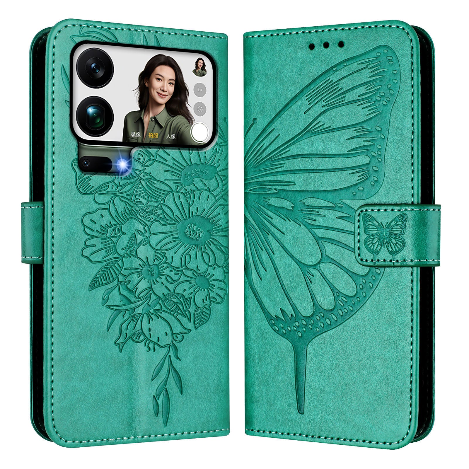 For Xiaomi 17 Pro Max Wallet Case with Wrist Strap Butterfly Imprint Leather Phone Cover - Green