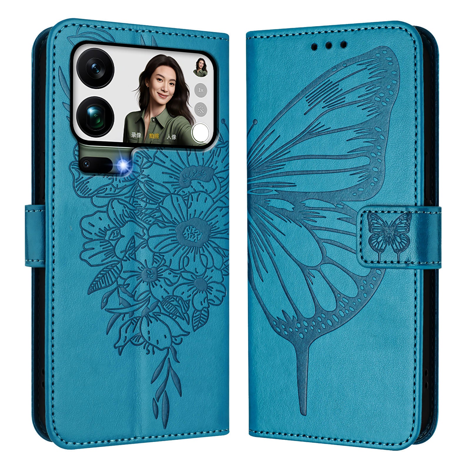 For Xiaomi 17 Pro Max Wallet Case with Wrist Strap Butterfly Imprint Leather Phone Cover - Blue