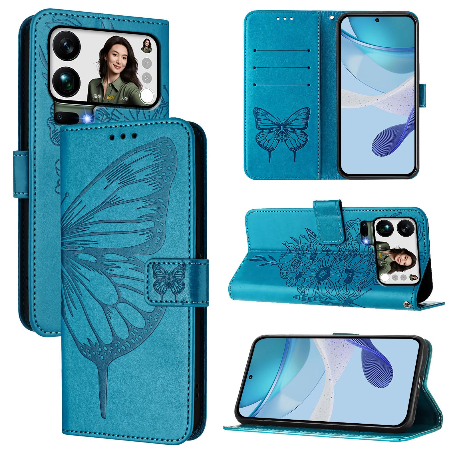 For Xiaomi 17 Pro Max Wallet Case with Wrist Strap Butterfly Imprint Leather Phone Cover - Blue