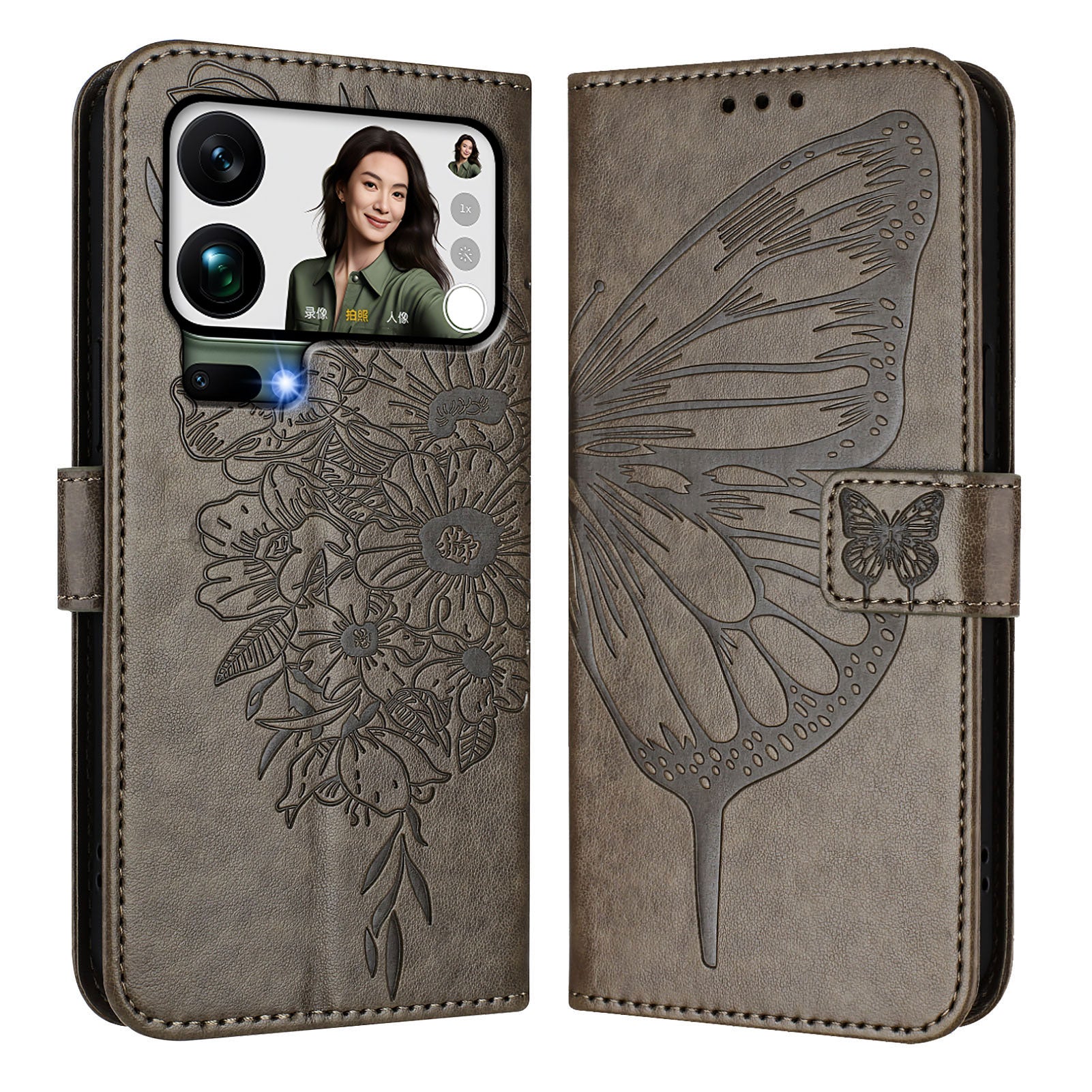 For Xiaomi 17 Pro Max Wallet Case with Wrist Strap Butterfly Imprint Leather Phone Cover - Grey