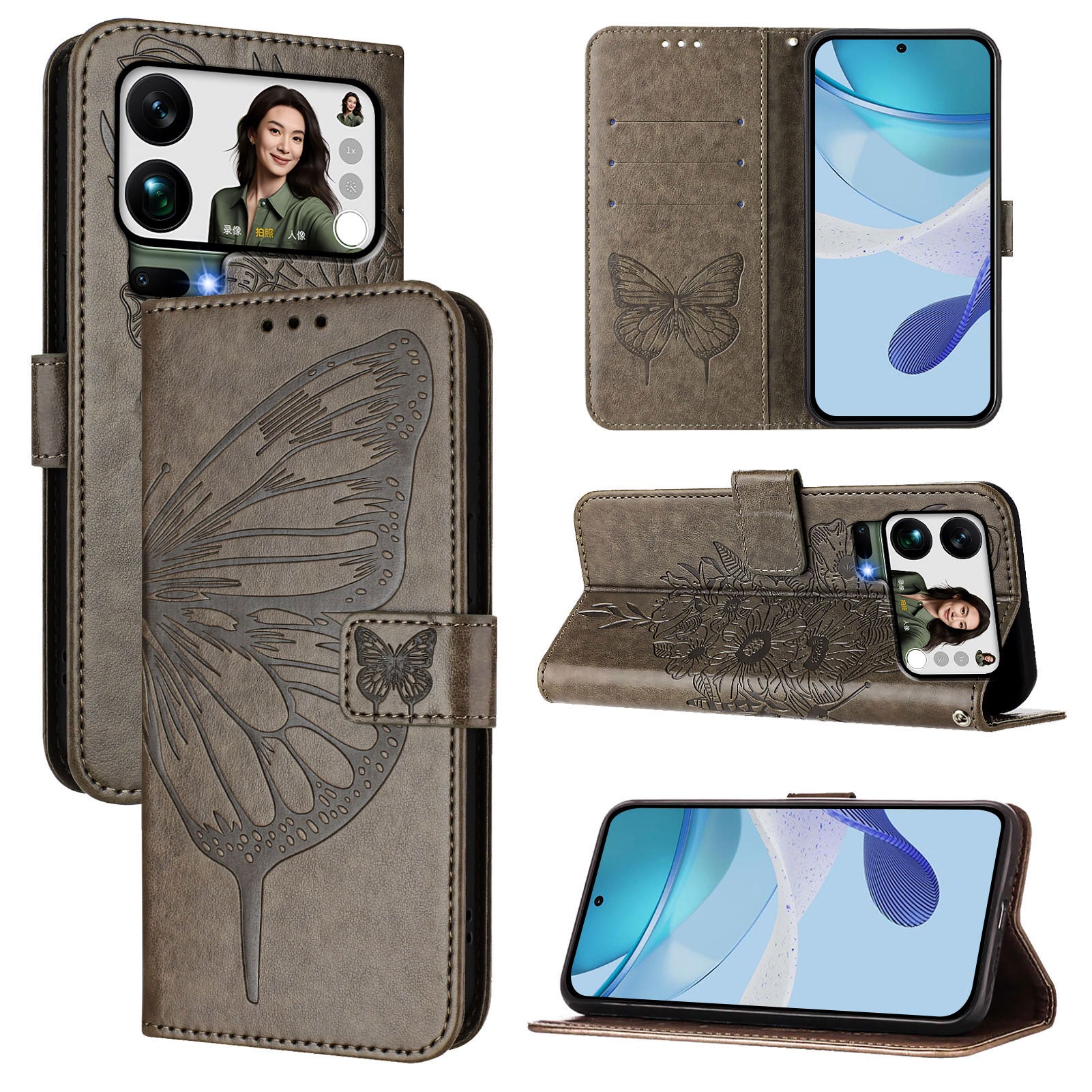 For Xiaomi 17 Pro Max Wallet Case with Wrist Strap Butterfly Imprint Leather Phone Cover - Grey