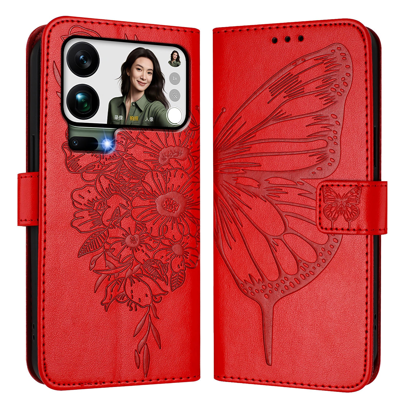 For Xiaomi 17 Pro Max Wallet Case with Wrist Strap Butterfly Imprint Leather Phone Cover - Red