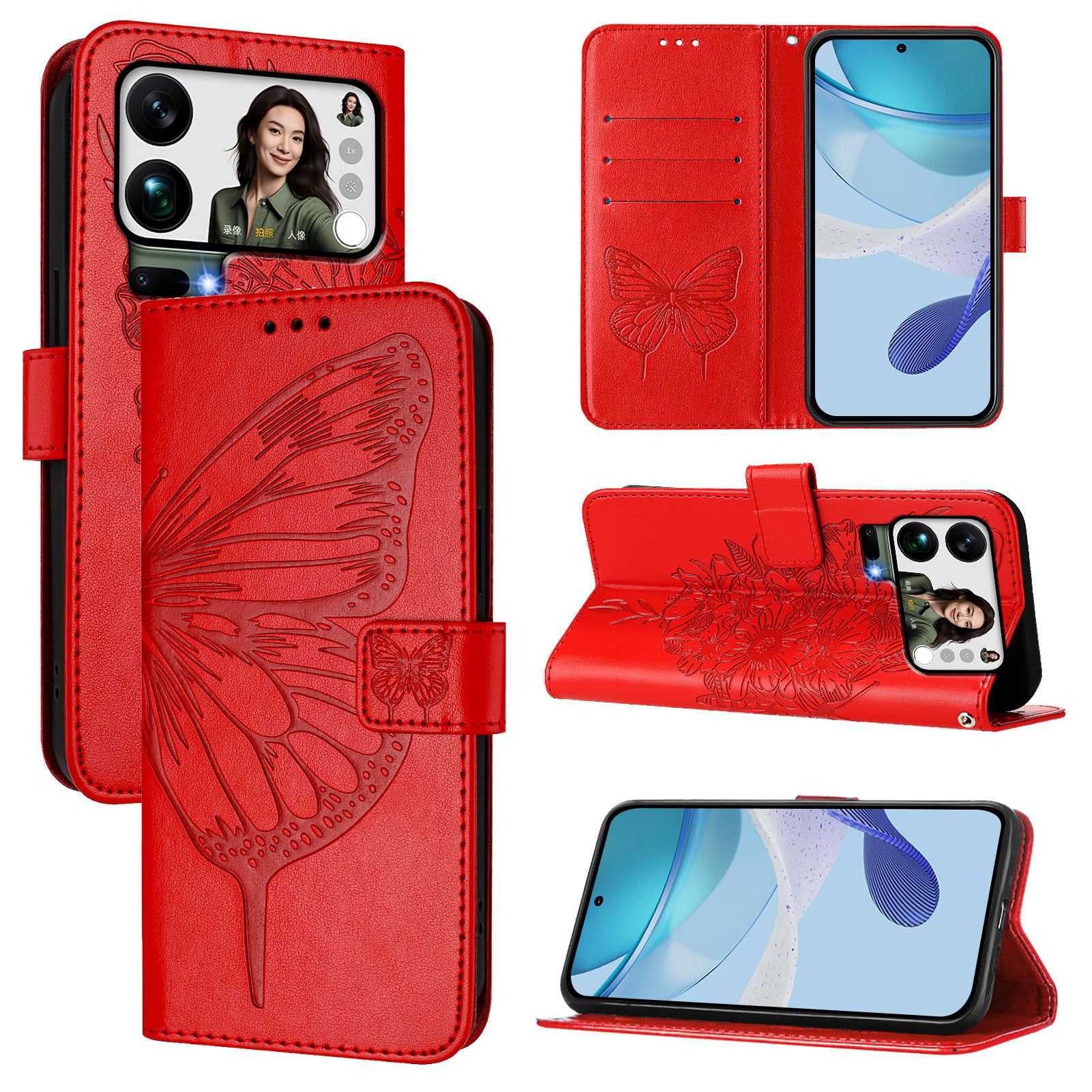 For Xiaomi 17 Pro Max Wallet Case with Wrist Strap Butterfly Imprint Leather Phone Cover - Red