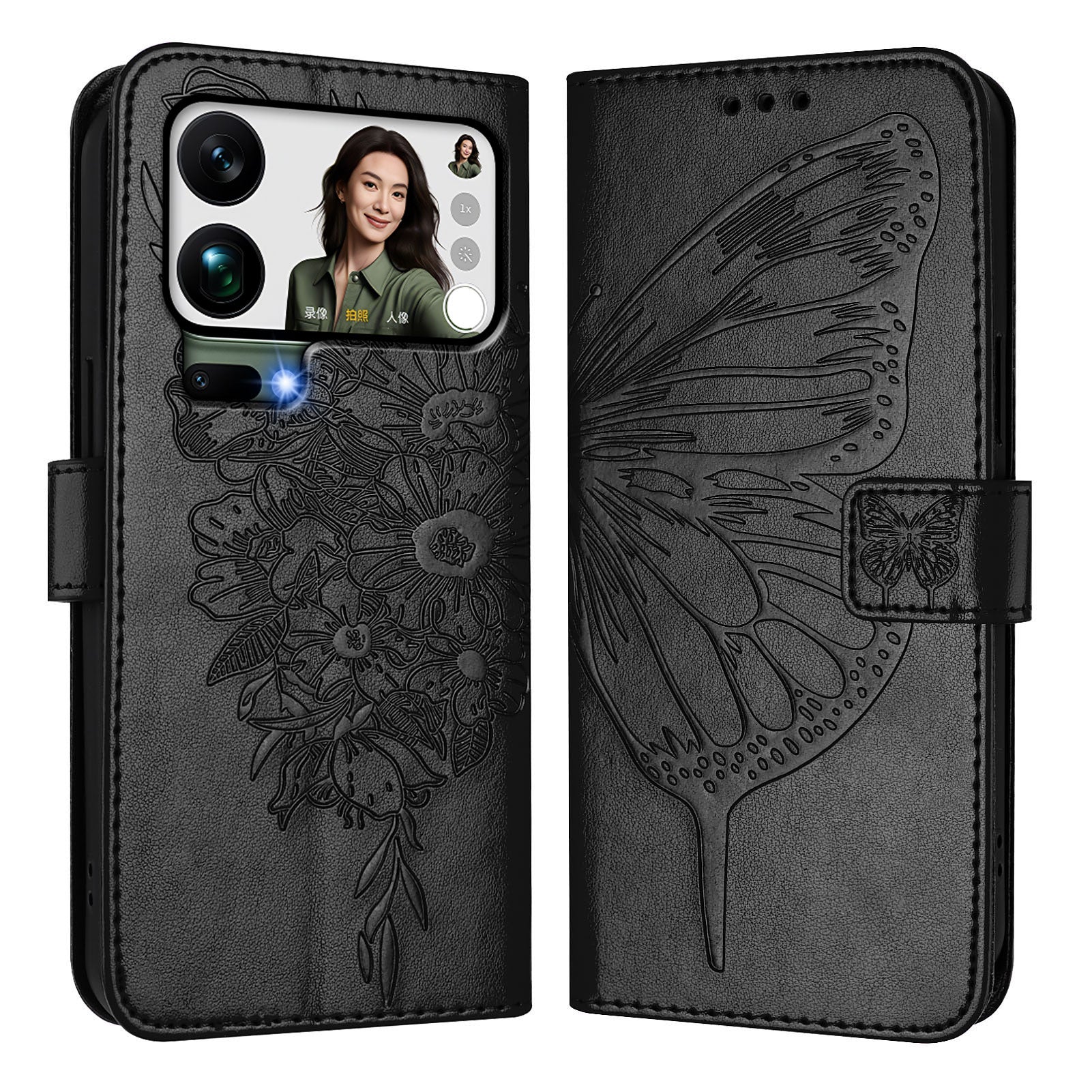 For Xiaomi 17 Pro Max Wallet Case with Wrist Strap Butterfly Imprint Leather Phone Cover - Black