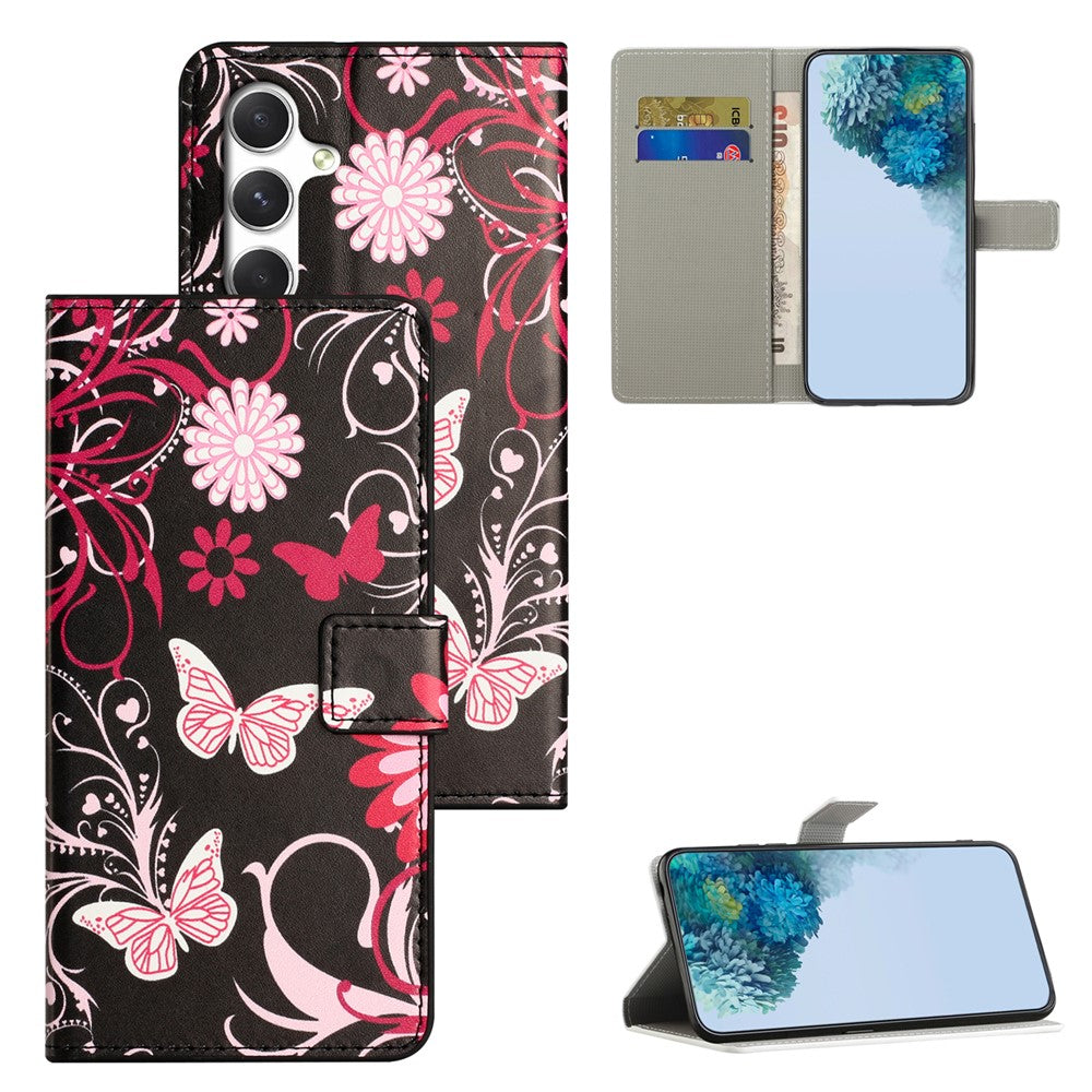 For Samsung Galaxy A57 5G Case Pattern Print PU Leather Wallet Phone Cover - Black Butterfly