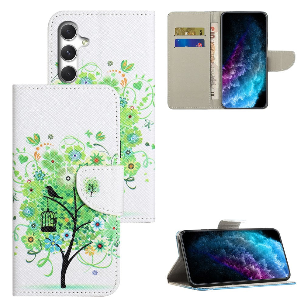 For Samsung Galaxy A57 5G Case Pattern Printing Cross Texture Leather Phone Cover - Green Tree