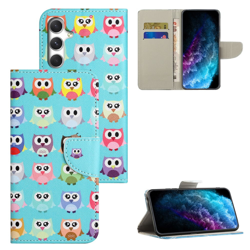 For Samsung Galaxy A57 5G Case Pattern Printing Cross Texture Leather Phone Cover - Owls
