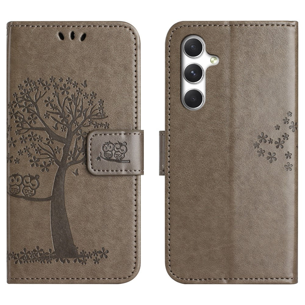 For Samsung Galaxy A57 5G Case PU Leather Owl Tree Imprinted Wallet Phone Cover with Strap  - Grey