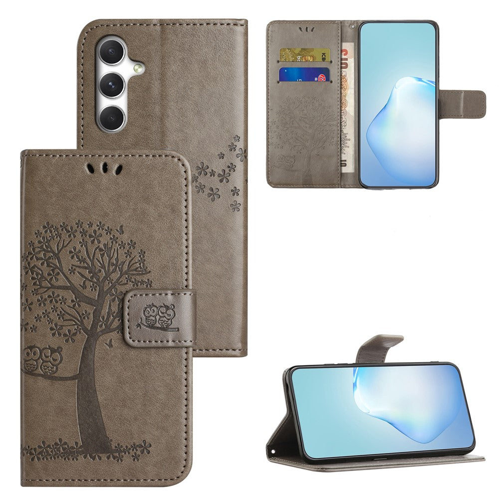 For Samsung Galaxy A57 5G Case PU Leather Owl Tree Imprinted Wallet Phone Cover with Strap  - Grey