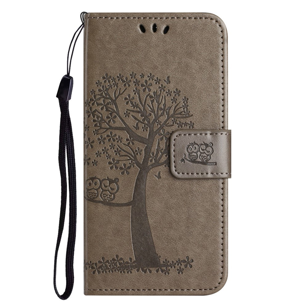 For Samsung Galaxy A57 5G Case PU Leather Owl Tree Imprinted Wallet Phone Cover with Strap  - Grey