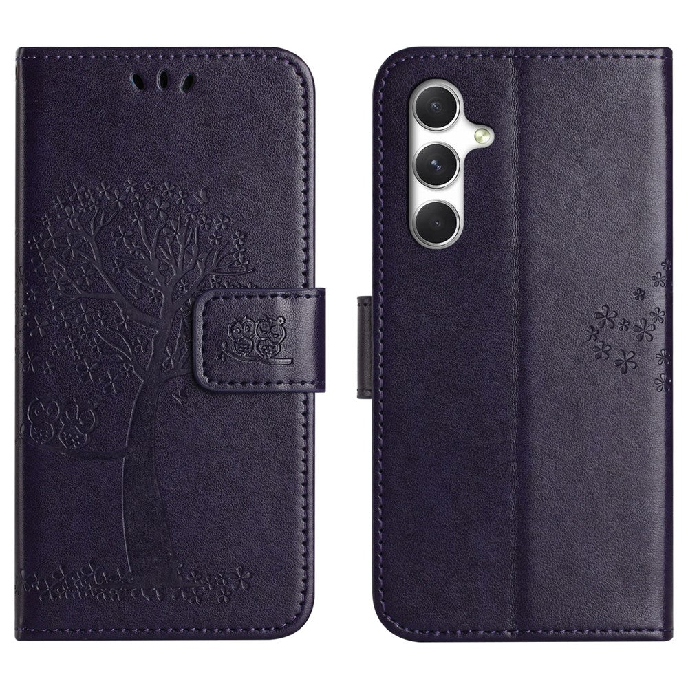 For Samsung Galaxy A57 5G Case PU Leather Owl Tree Imprinted Wallet Phone Cover with Strap  - Dark Blue