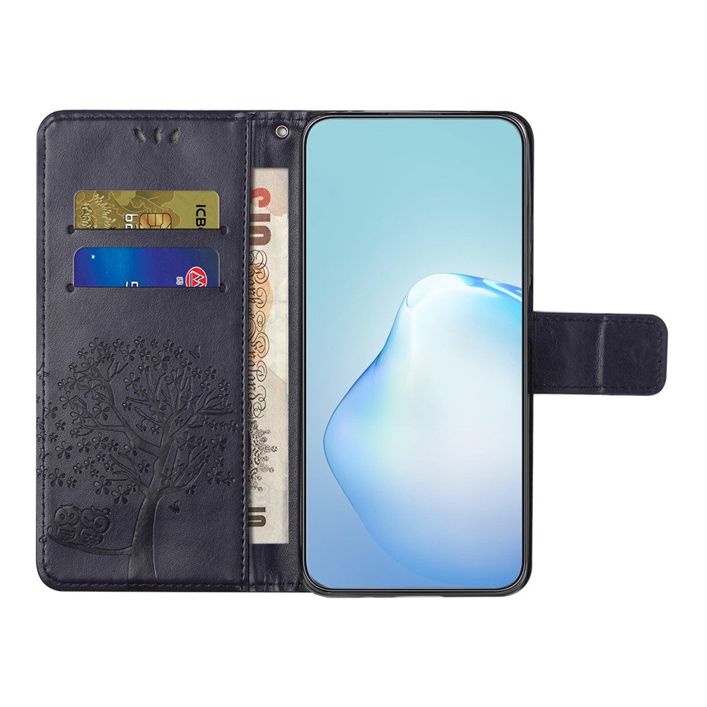 For Samsung Galaxy A57 5G Case PU Leather Owl Tree Imprinted Wallet Phone Cover with Strap  - Dark Blue