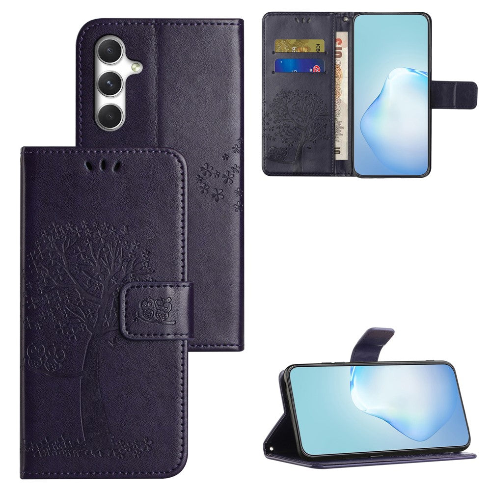 For Samsung Galaxy A57 5G Case PU Leather Owl Tree Imprinted Wallet Phone Cover with Strap  - Dark Blue