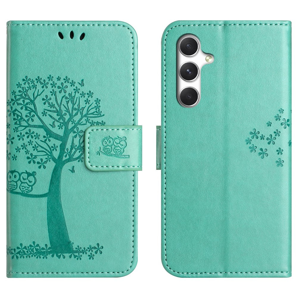 For Samsung Galaxy A57 5G Case PU Leather Owl Tree Imprinted Wallet Phone Cover with Strap  - Cyan