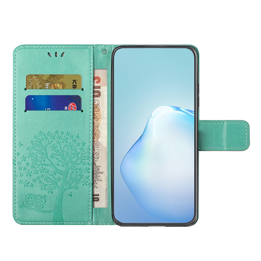 For Samsung Galaxy A57 5G Case PU Leather Owl Tree Imprinted Wallet Phone Cover with Strap  - Cyan